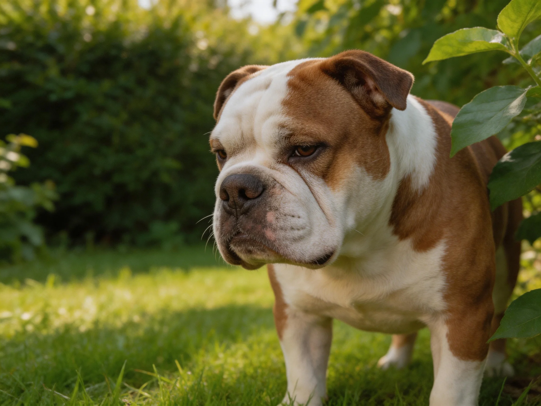 A brown and white bulldog stands amid greenery in a sunlit area.
