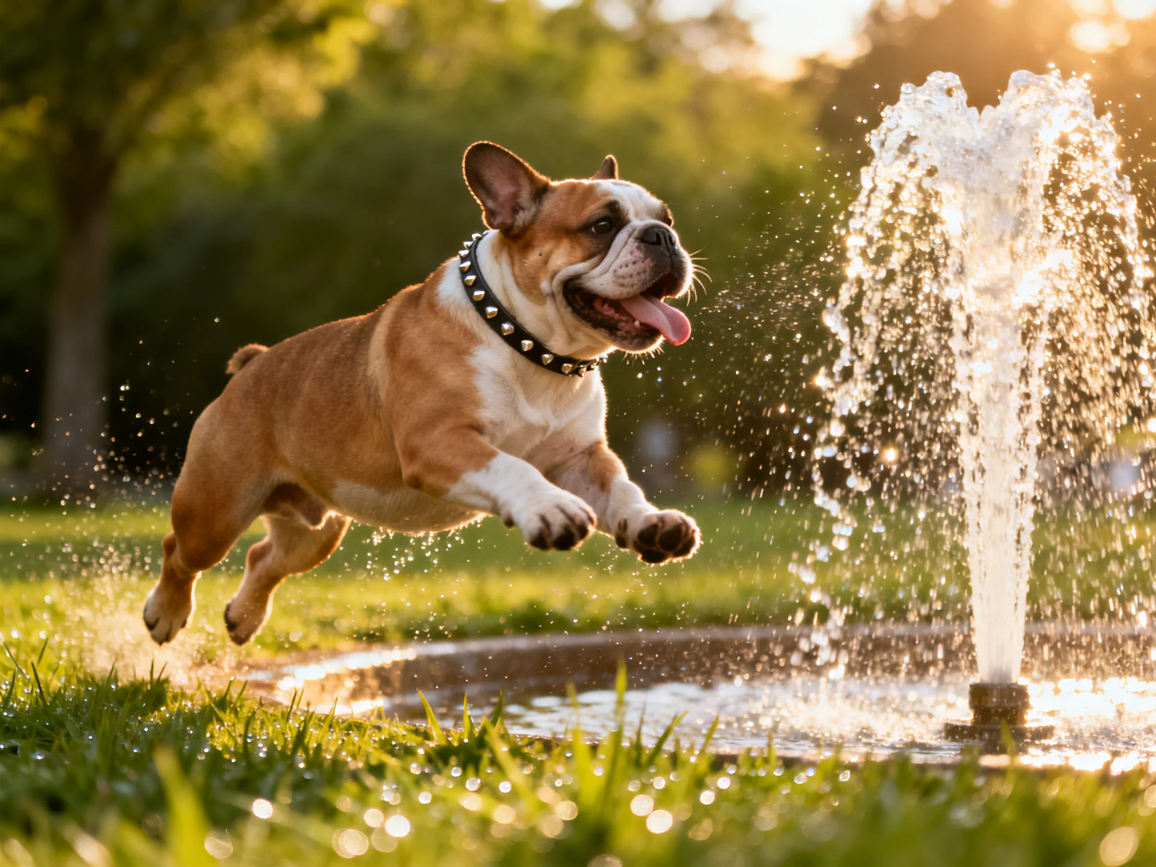 A brown and white bulldog leaps toward a glistening water fountain