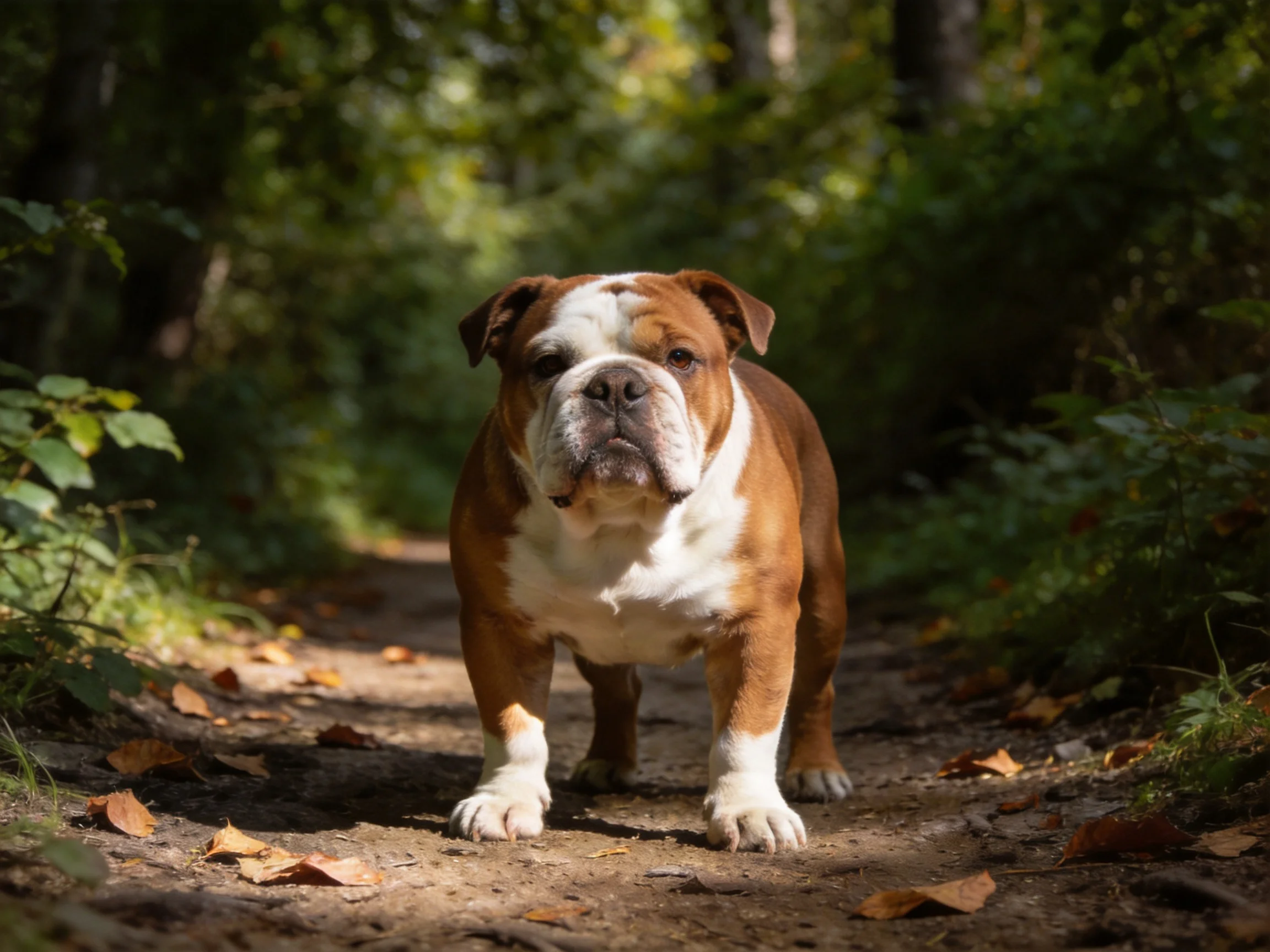 A brown and white bulldog on a leaf-strewn forest trail