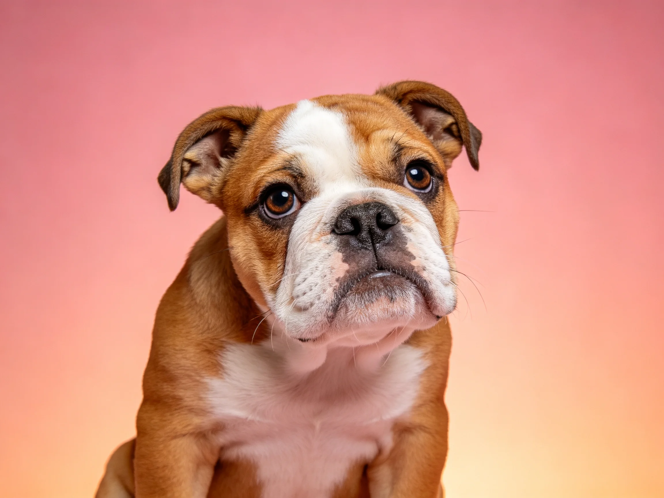 A brown and white bulldog puppy against a soft pink gradient backdrop