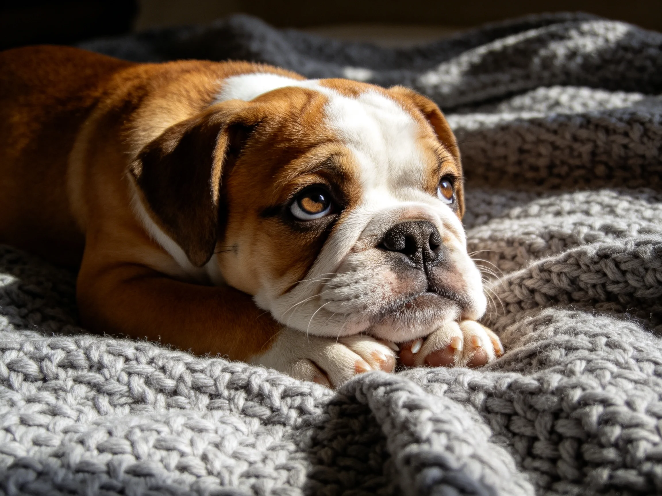 A brown and white bulldog puppy lounges on a thickly knitted gray blanket