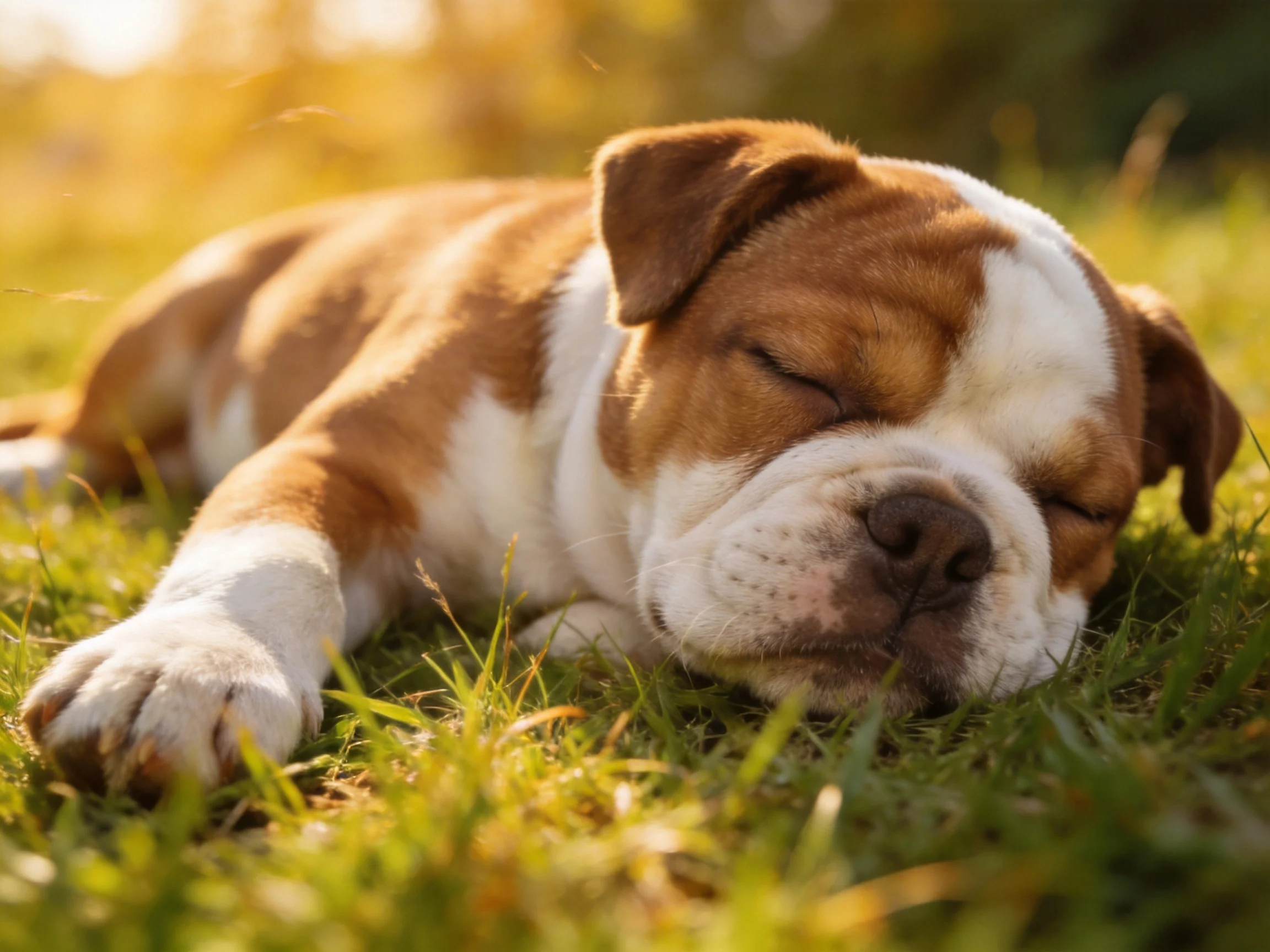 A brown and white bulldog puppy naps on grass in bright sunlight.
