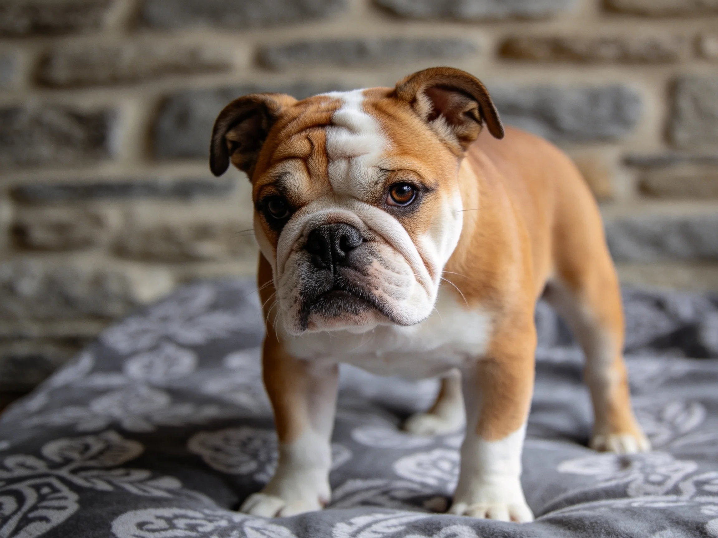 A brown and white bulldog puppy on a patterned bed near a stone wall