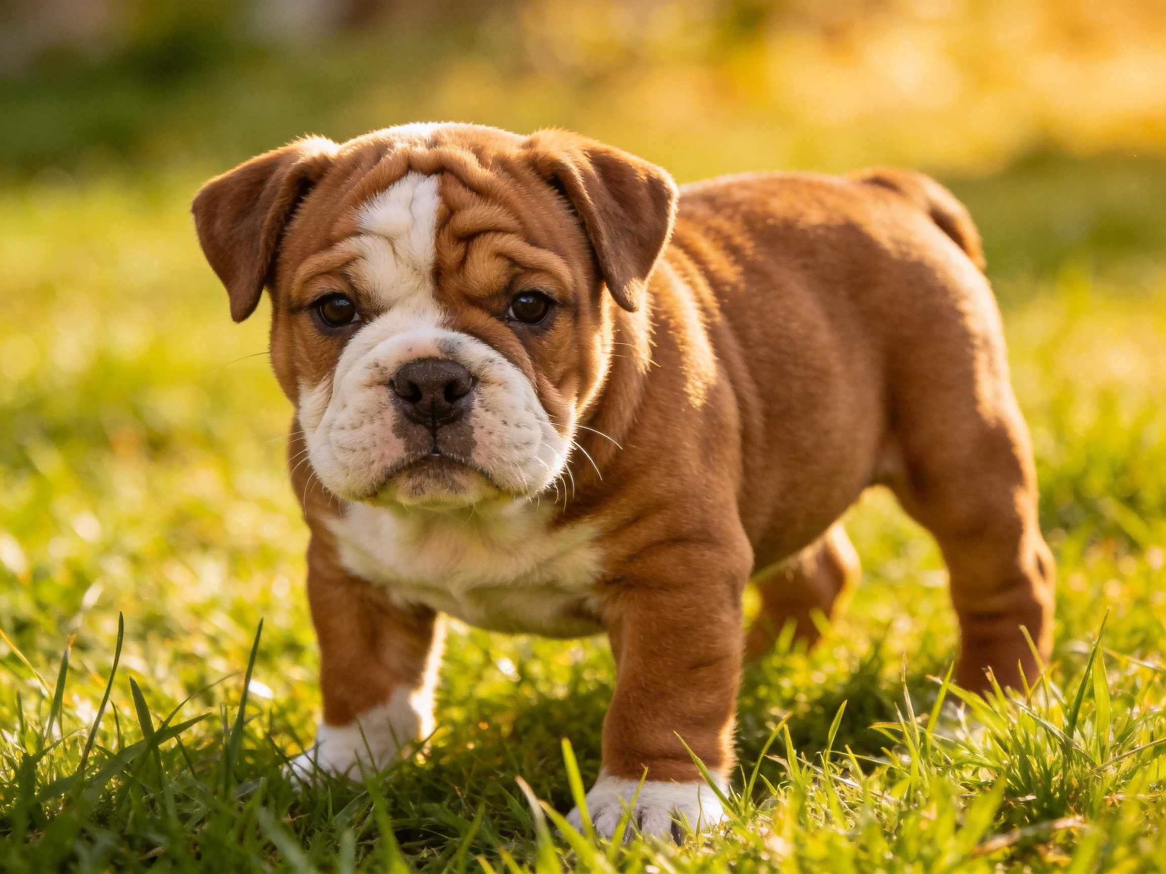 A brown and white bulldog puppy stands on sunlit grass outdoors.