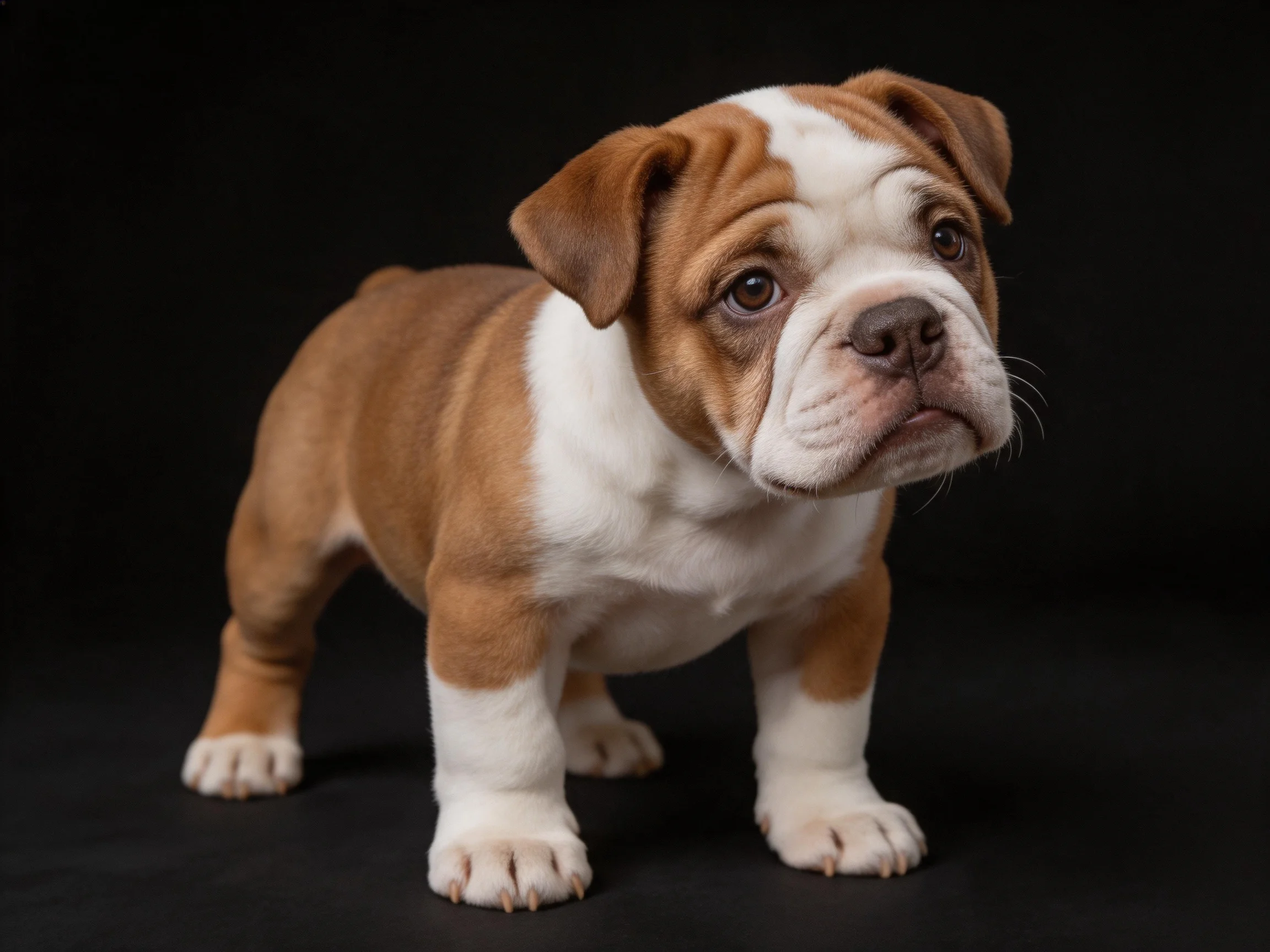 A brown and white bulldog puppy posed against a black backdrop