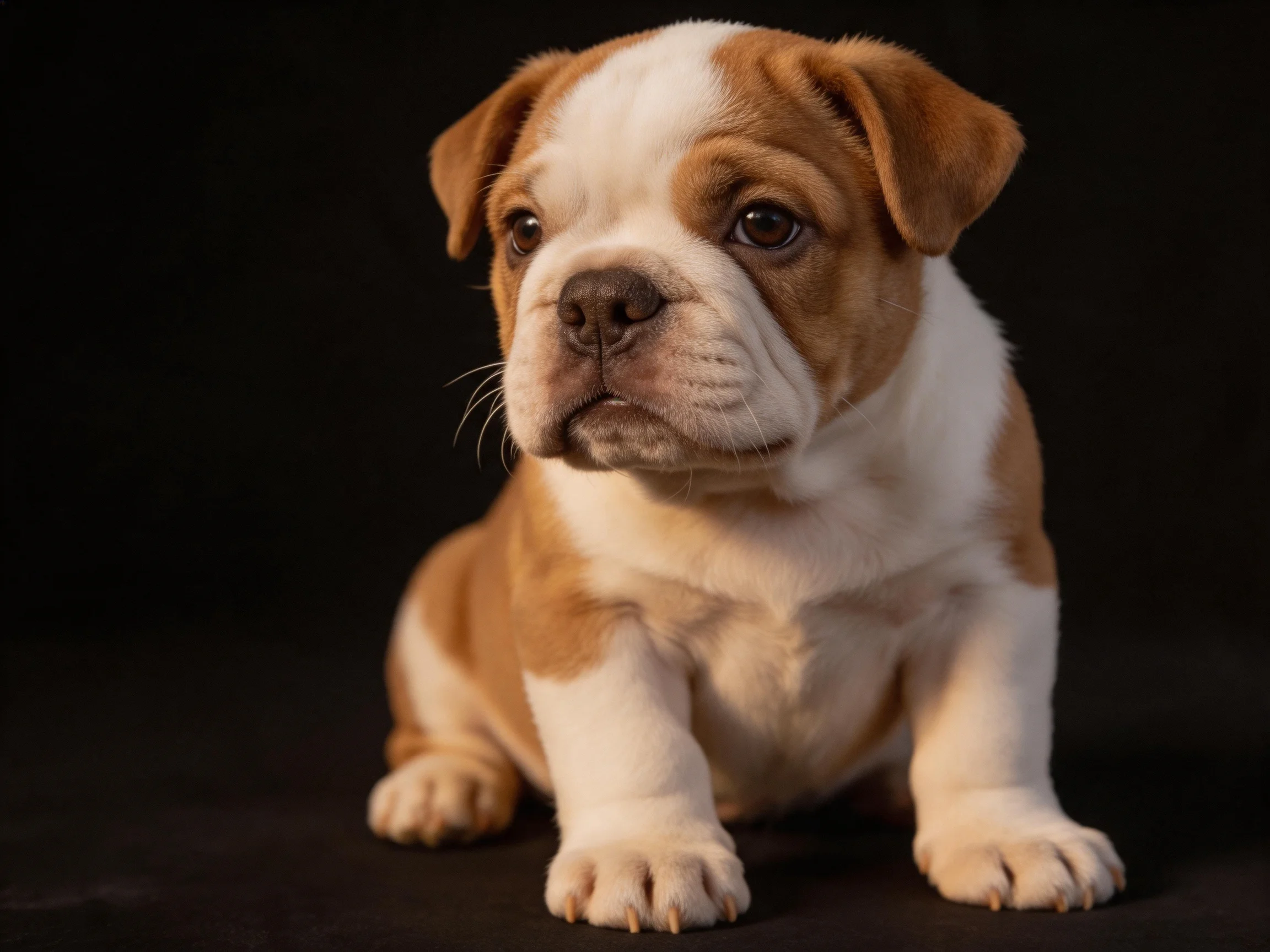 A brown and white bulldog puppy posed against a solid black backdrop