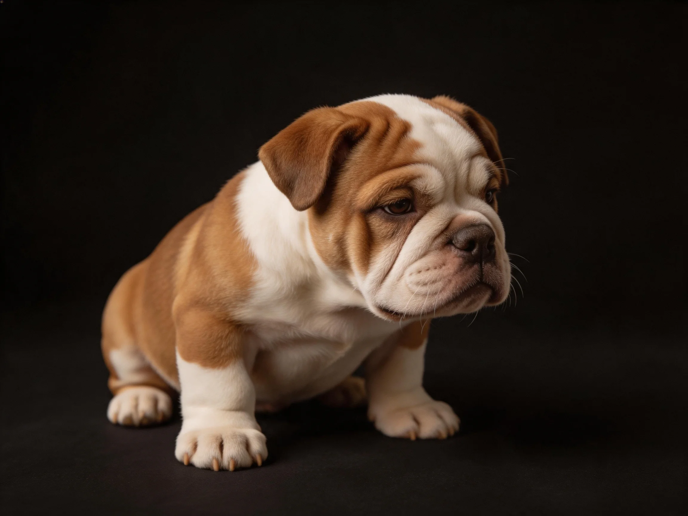 A brown and white bulldog puppy sits calmly on a black surface.