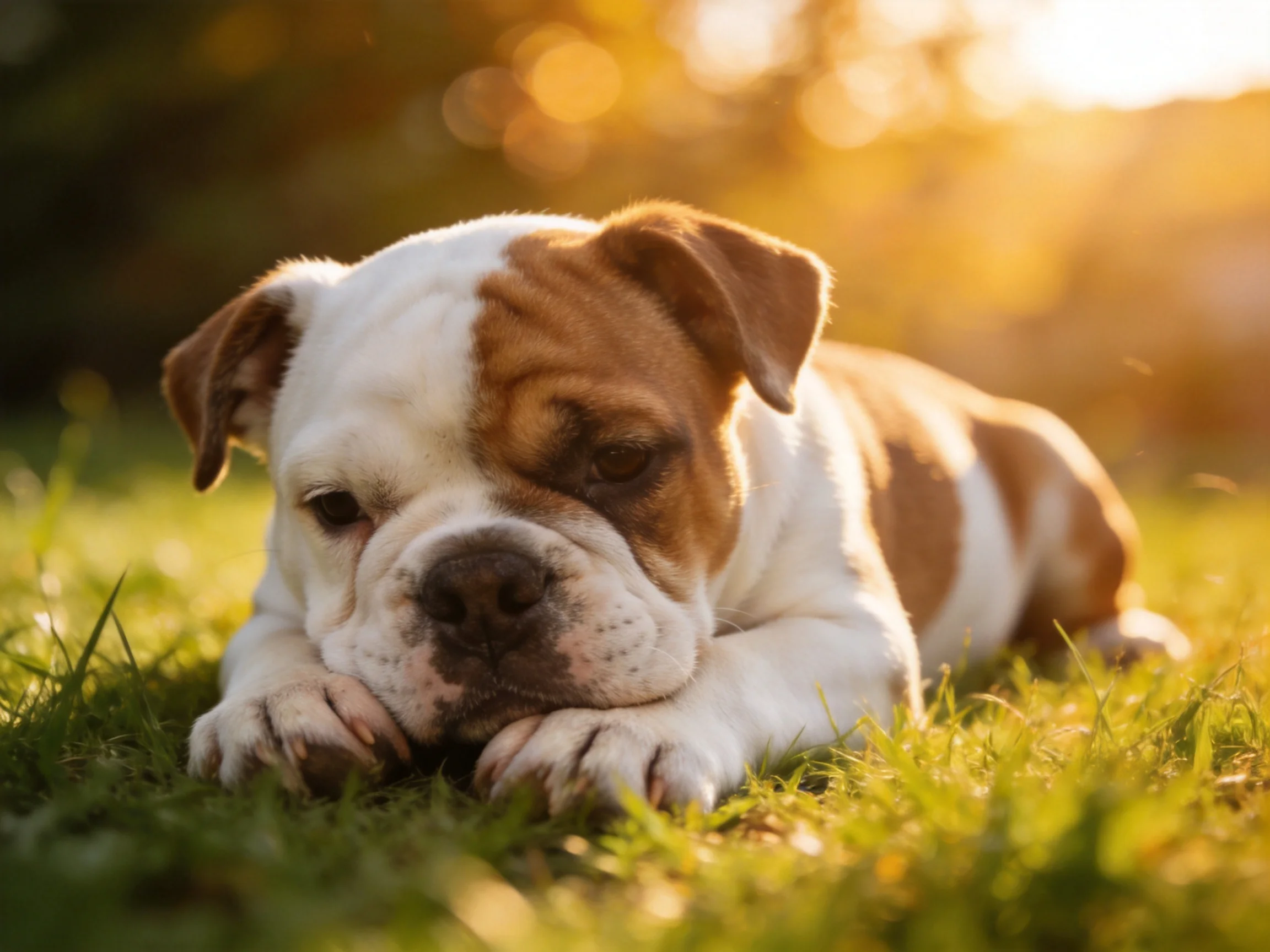 A brown-and-white bulldog puppy relaxes on grass in a sunlit outdoor setting.