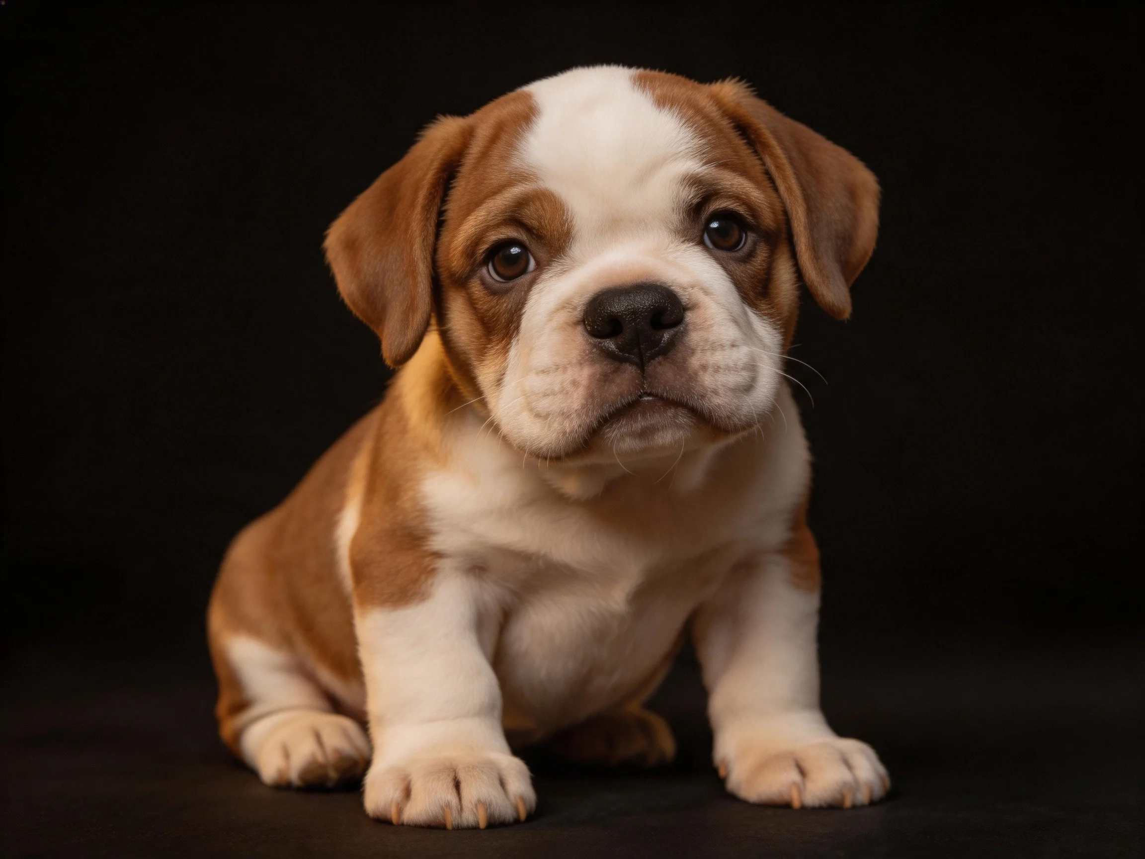 A brown and white bulldog puppy sits against a solid black backdrop