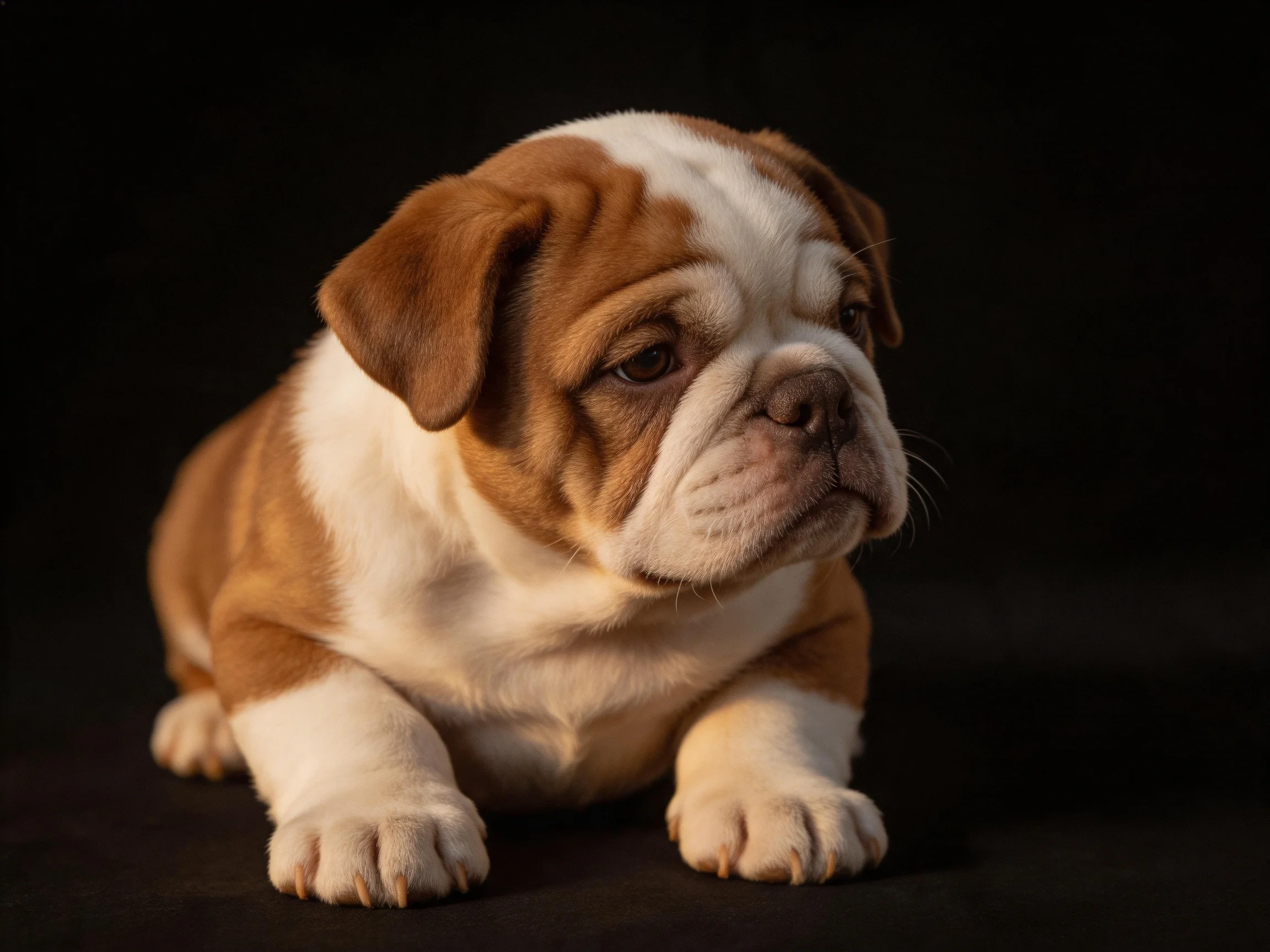 A brown and white bulldog puppy sits calmly on a dark surface.