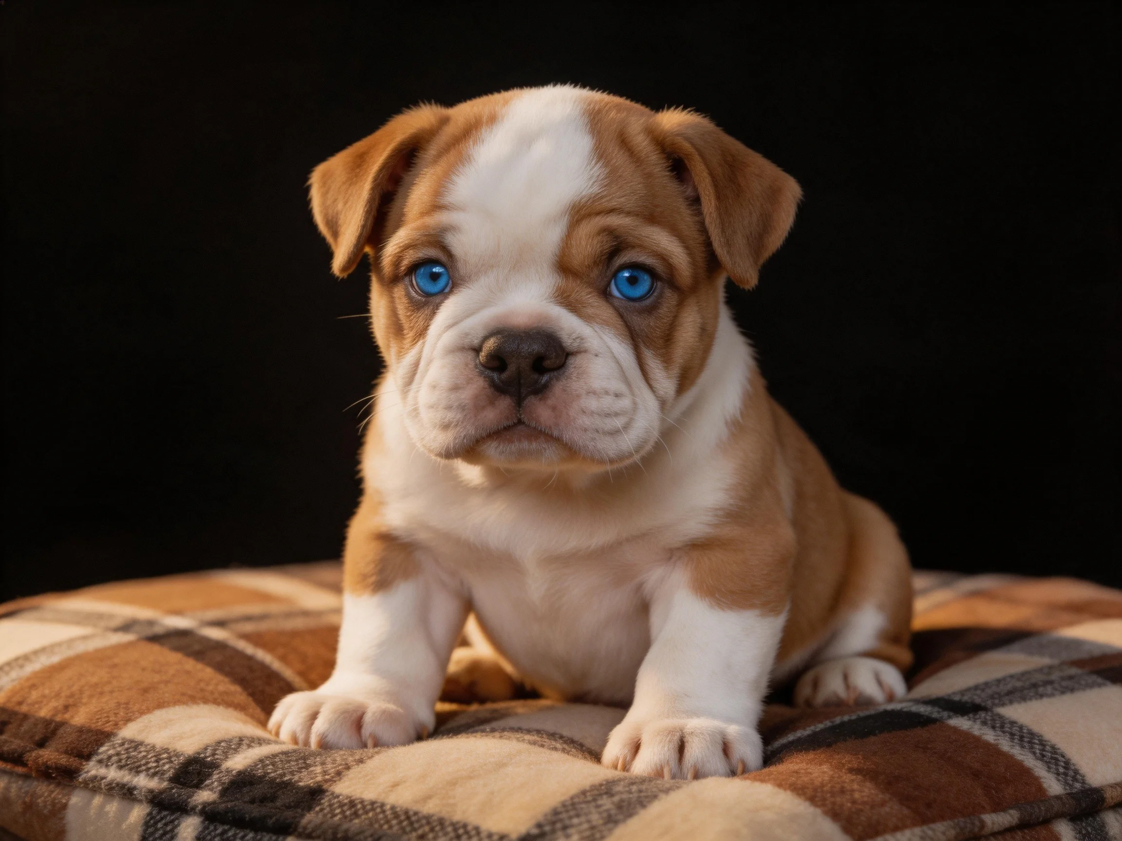 A brown and white bulldog puppy with bright blue eyes sits on a plaid cushion