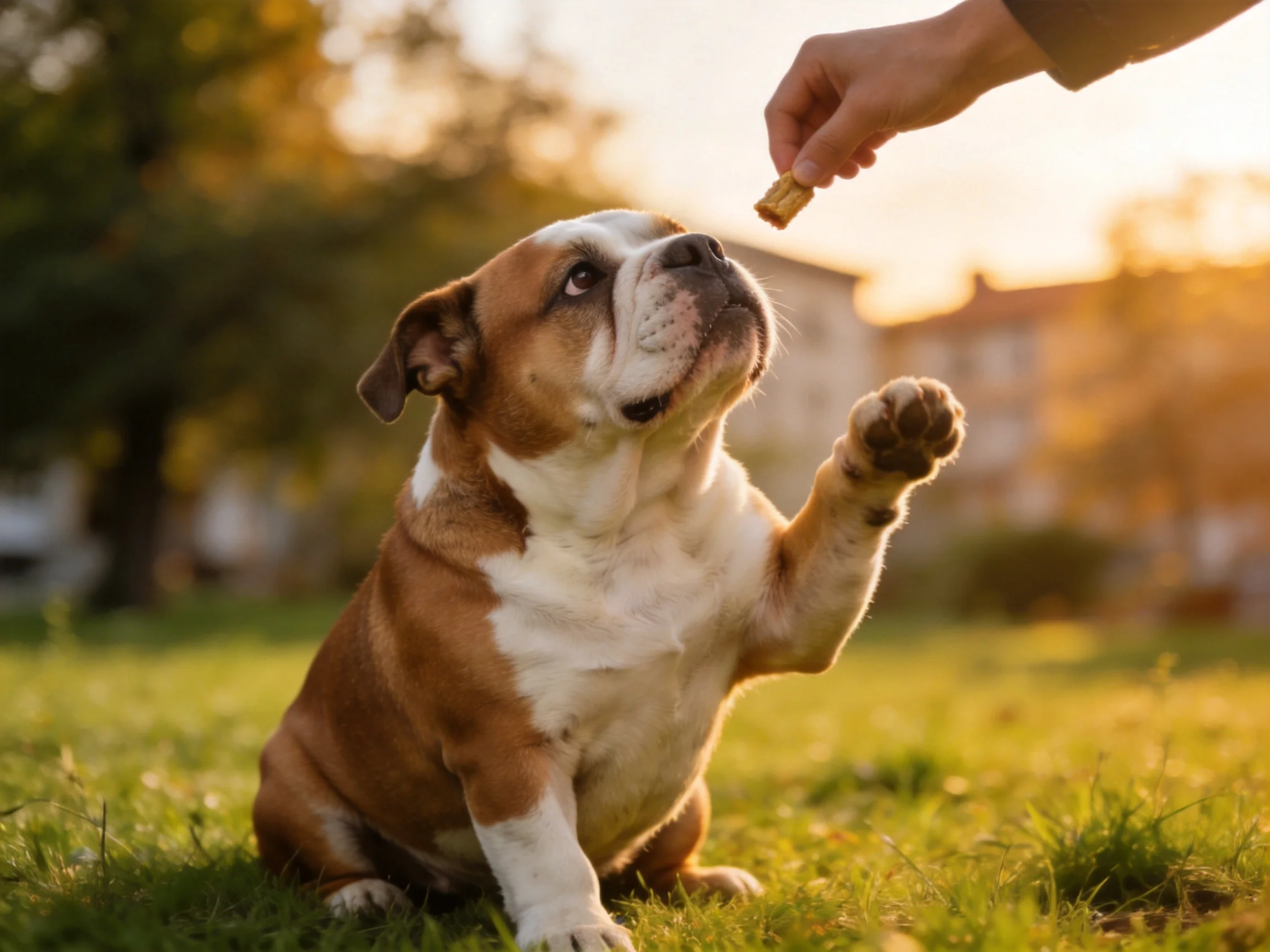 A brown and white bulldog reaches for a treat from a hand in the park