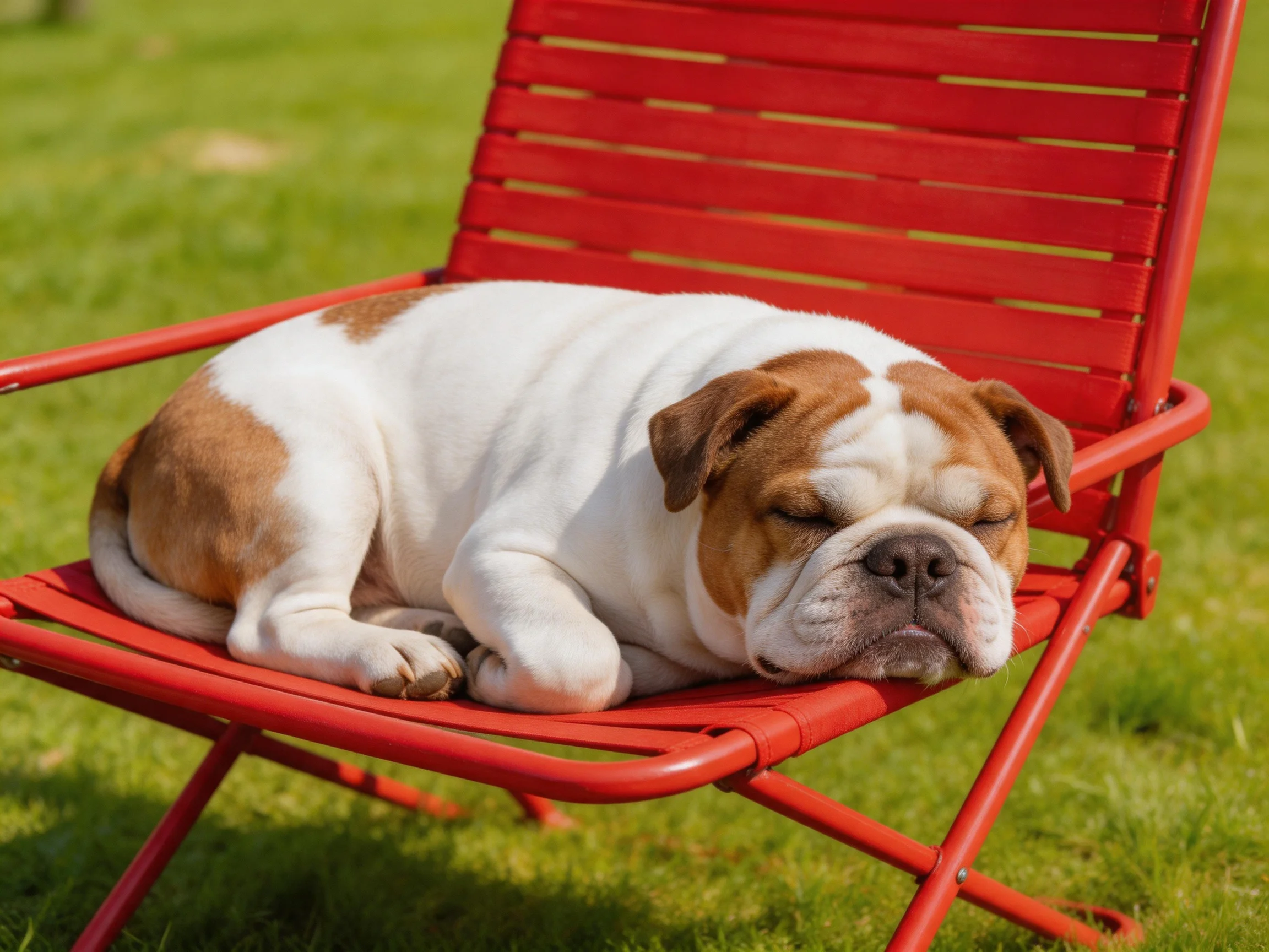 A bulldog naps on a red chair in a grassy outdoor area