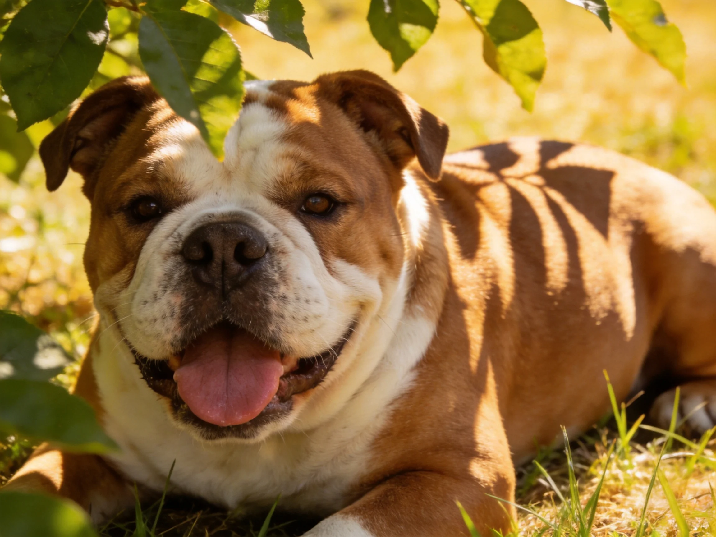 A brown and white bulldog relaxes under leafy branches in bright sunlight