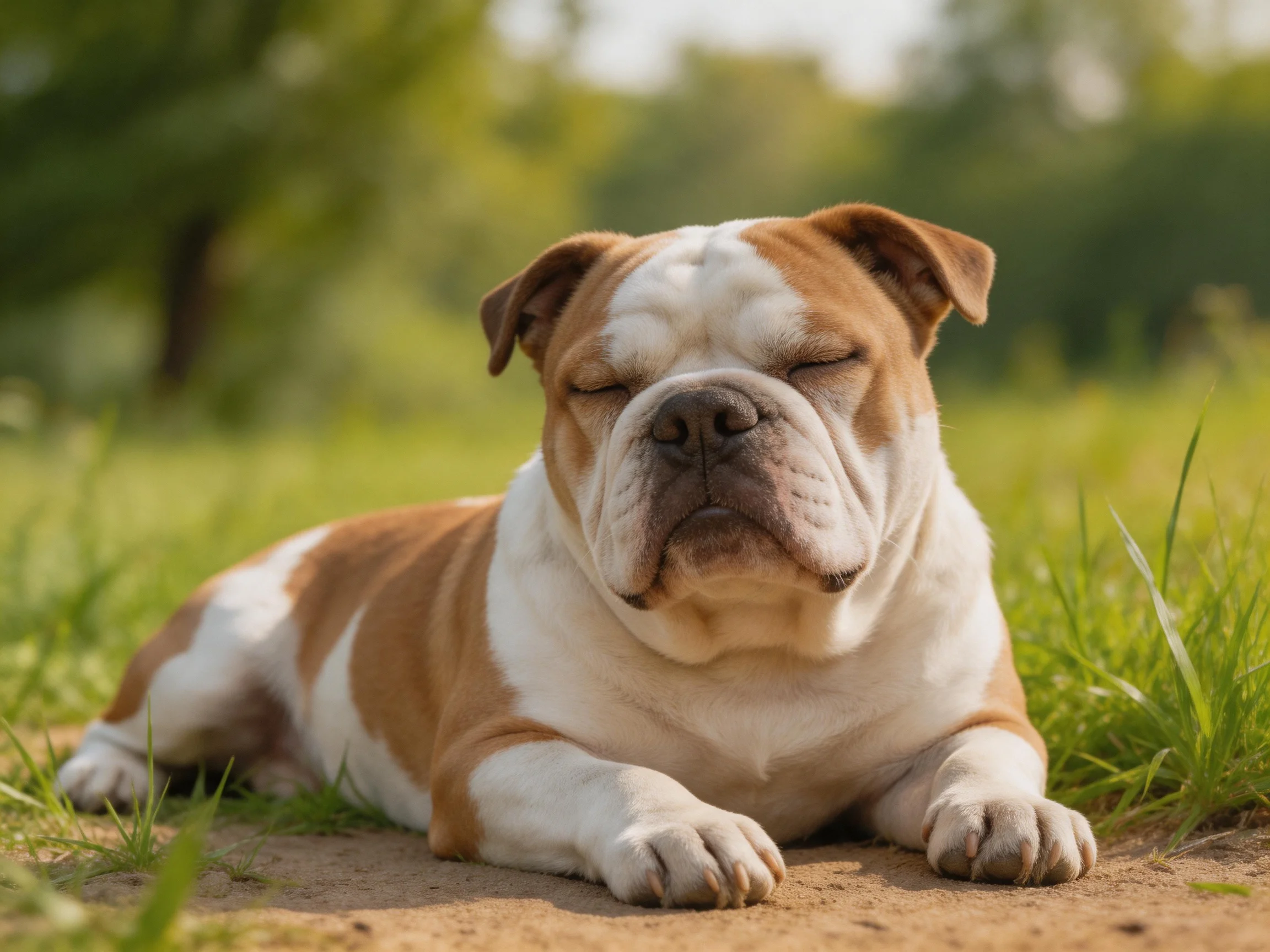A brown and white bulldog resting on a dirt path near green grass