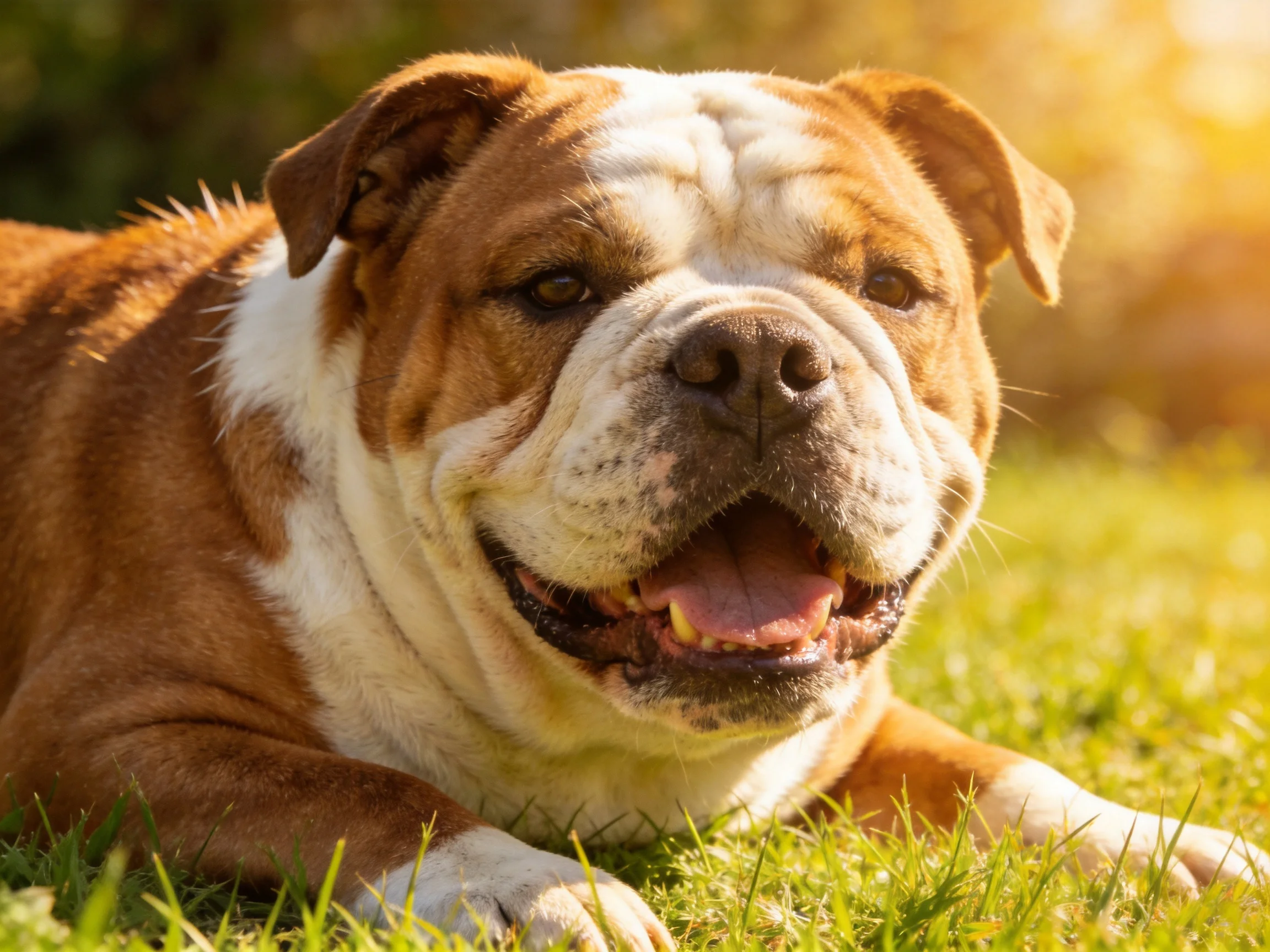 A brown and white bulldog relaxes on sunlit grass outdoors.