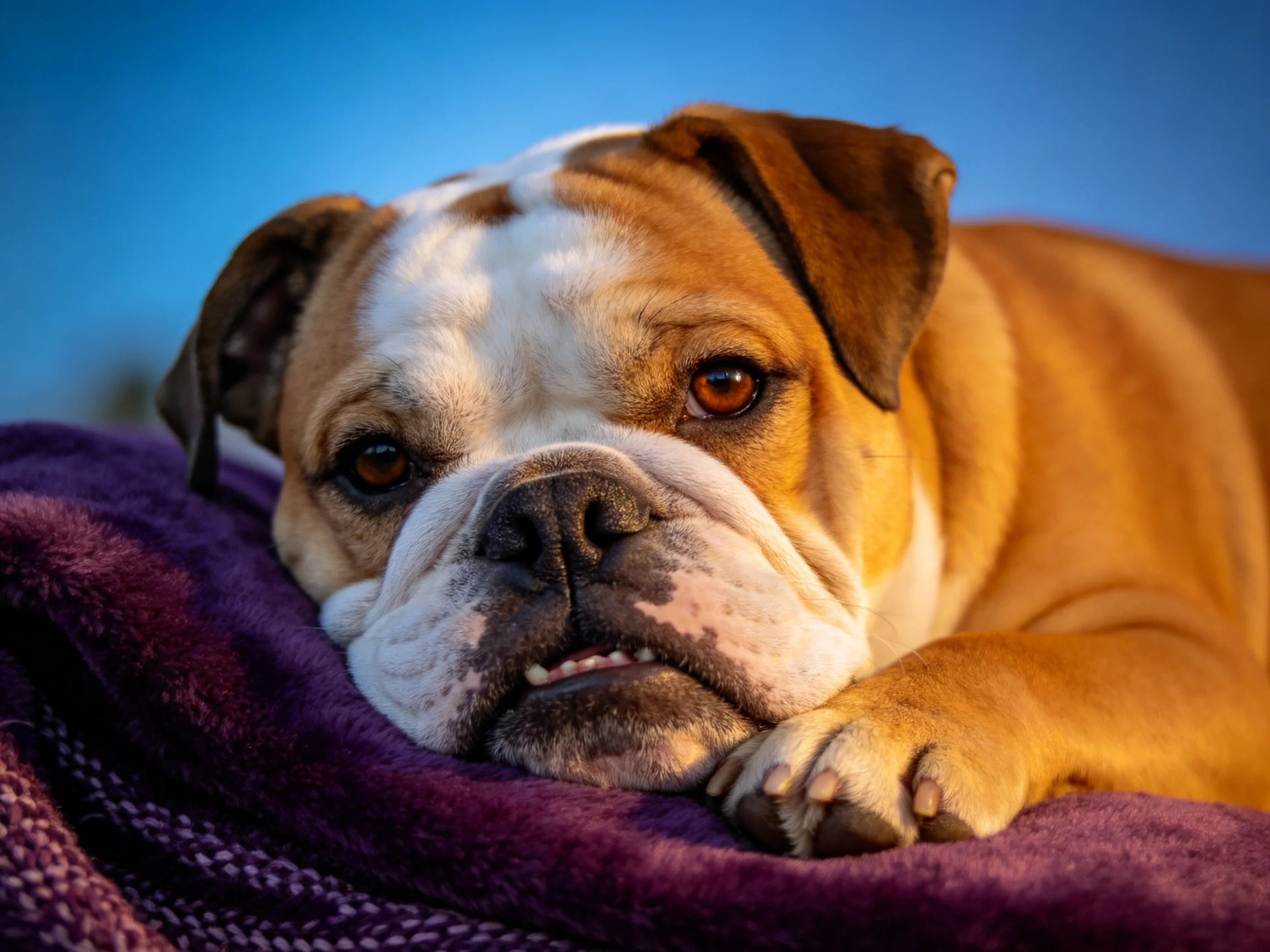 A brown and white bulldog rests on a deep purple blanket against a clear blue sky
