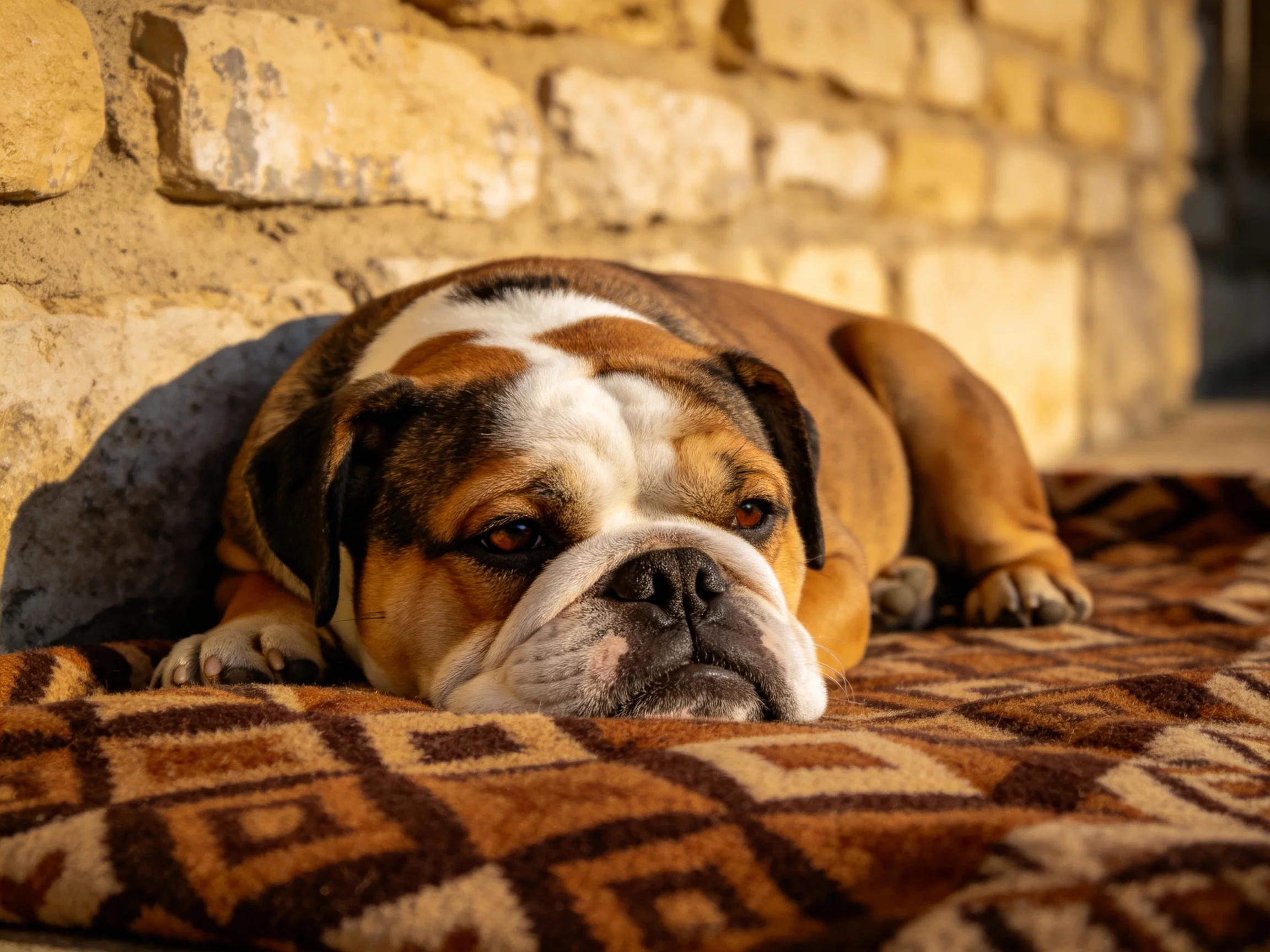 A brown and white bulldog rests on a patterned blanket by a stone wall