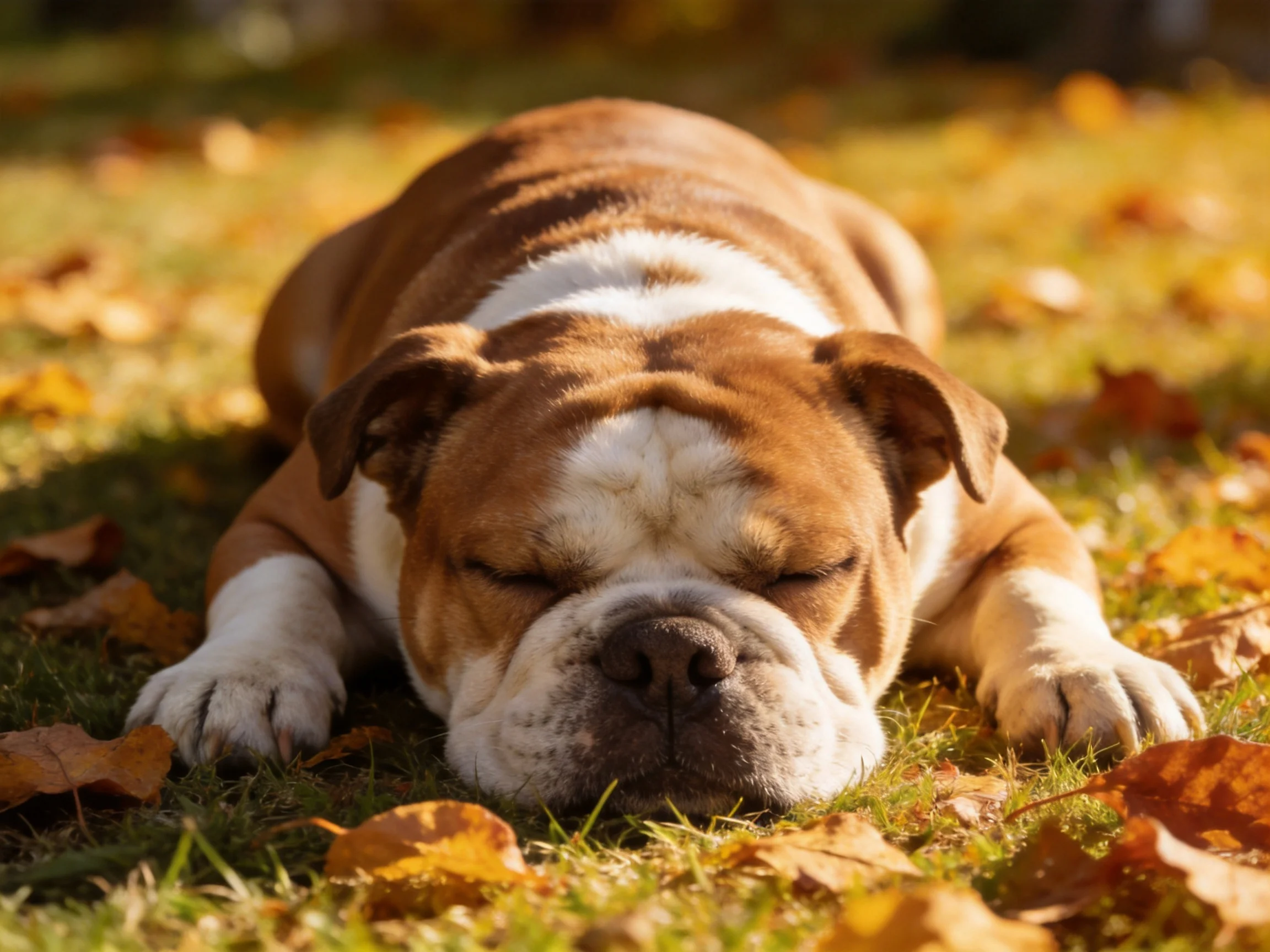 An English bulldog sleeps on grass surrounded by autumn leaves