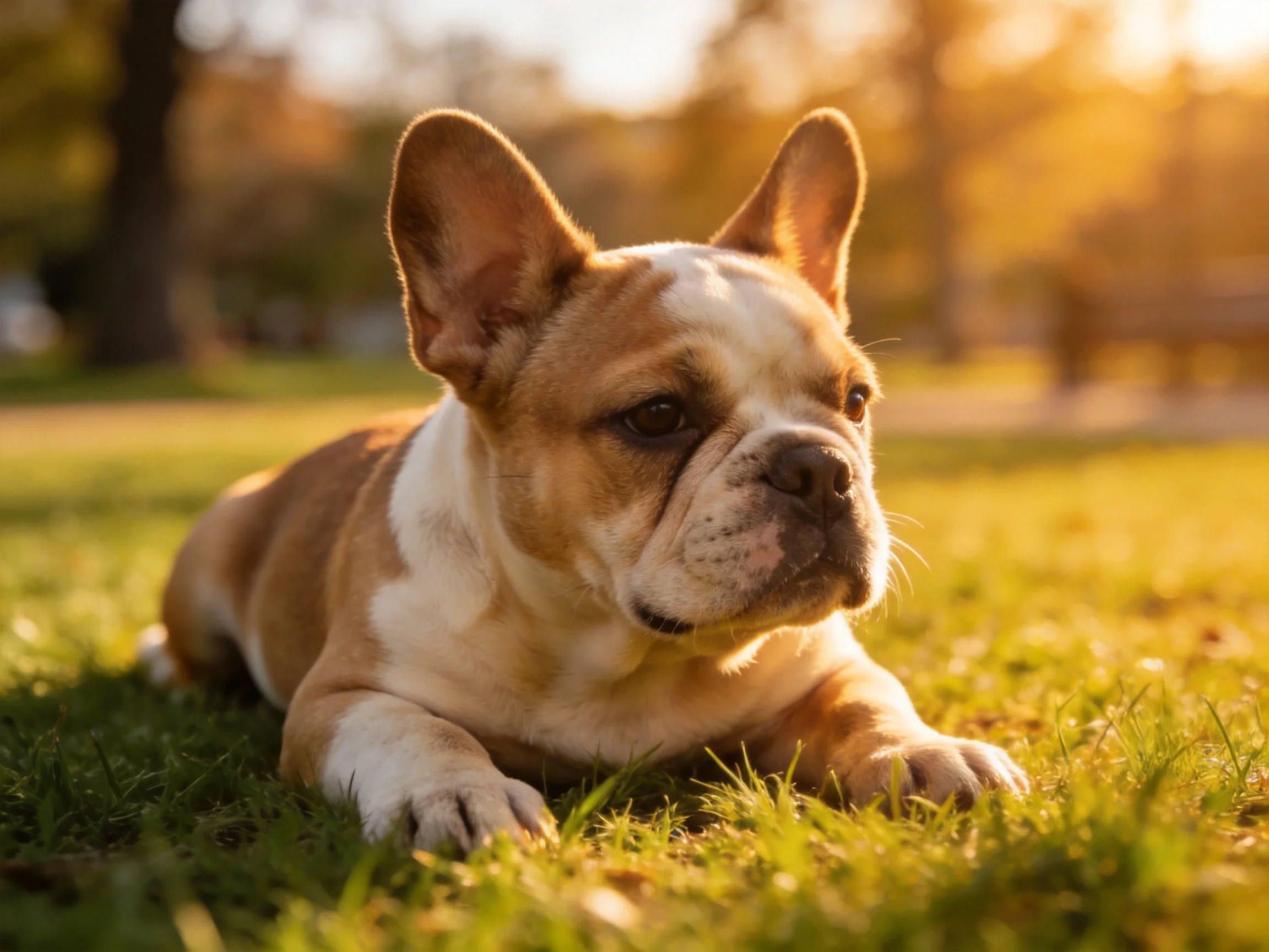 A brown and white bulldog rests on sunlit grass in a park