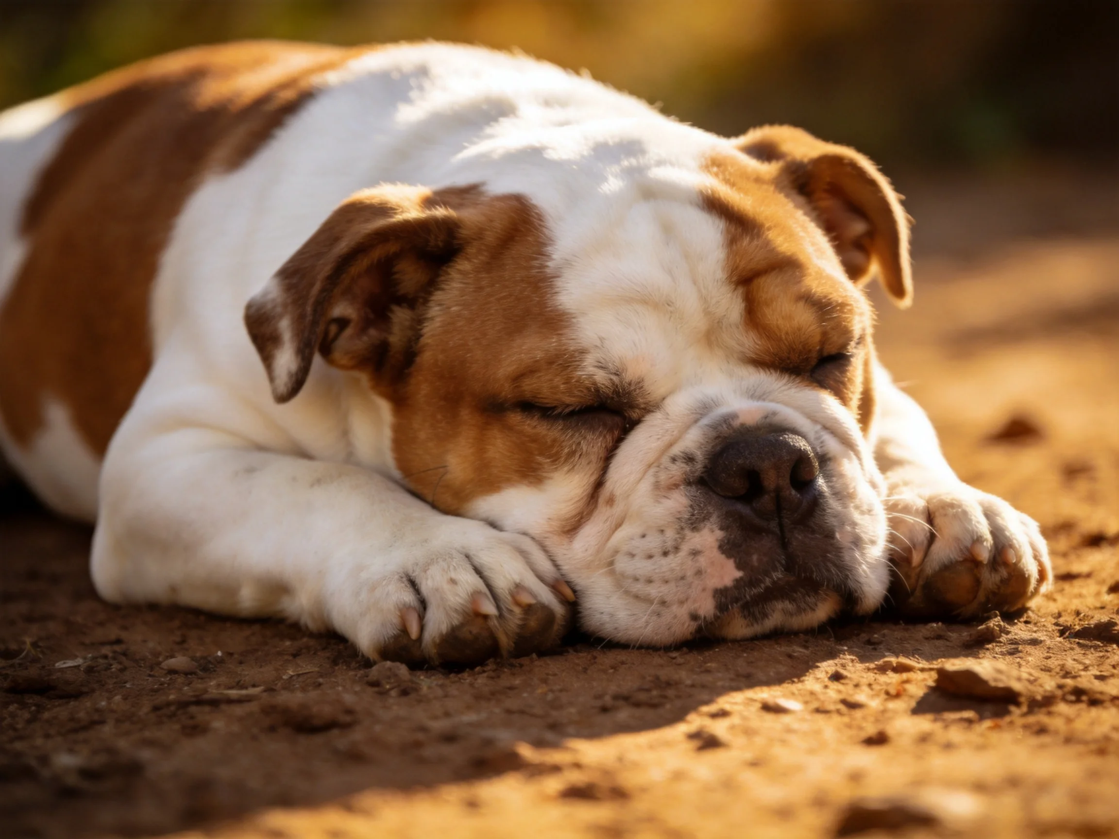 A brown-and-white bulldog rests peacefully on sun-warmed earth