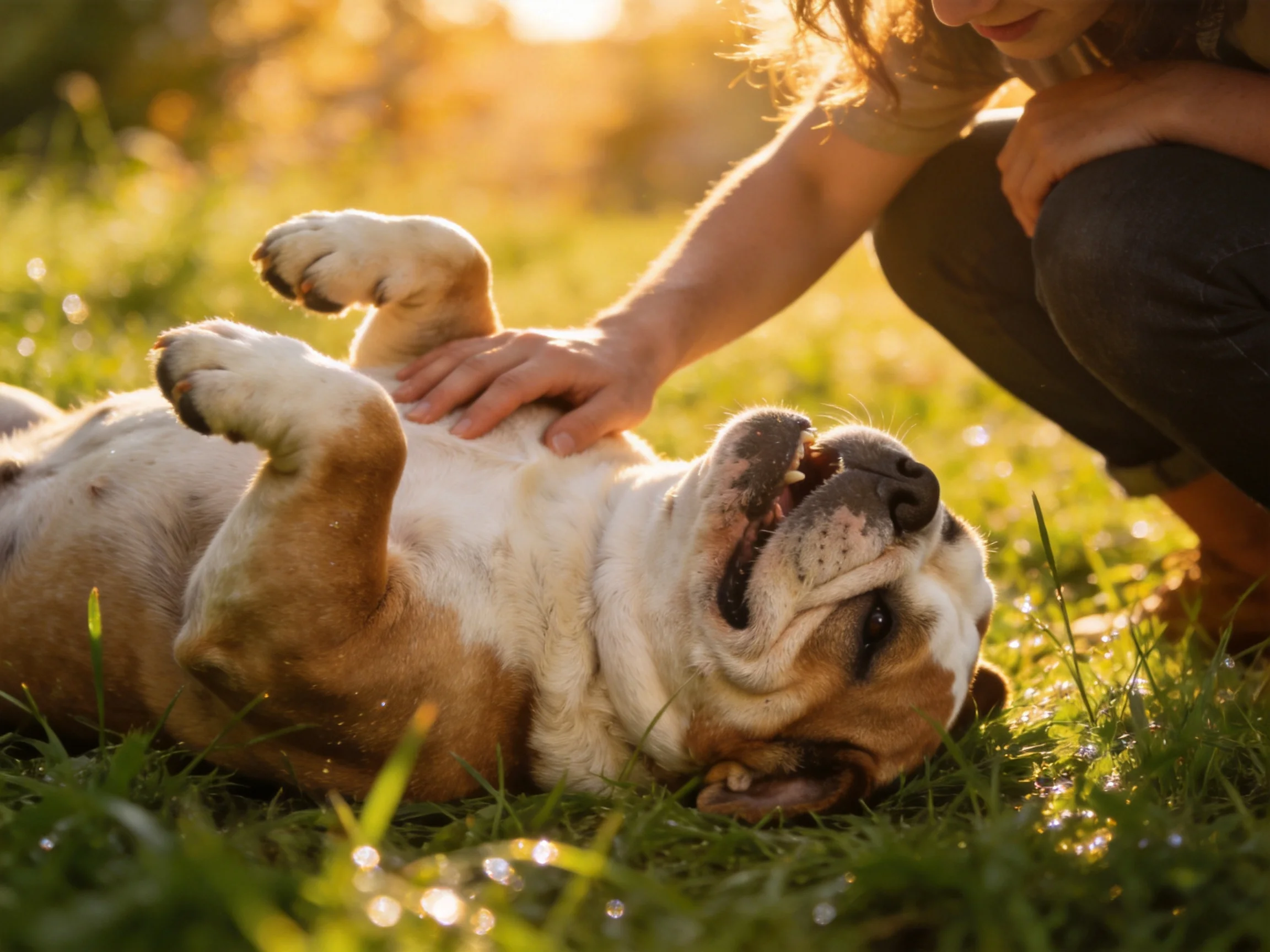 A brown and white bulldog rolls on grass while being petted