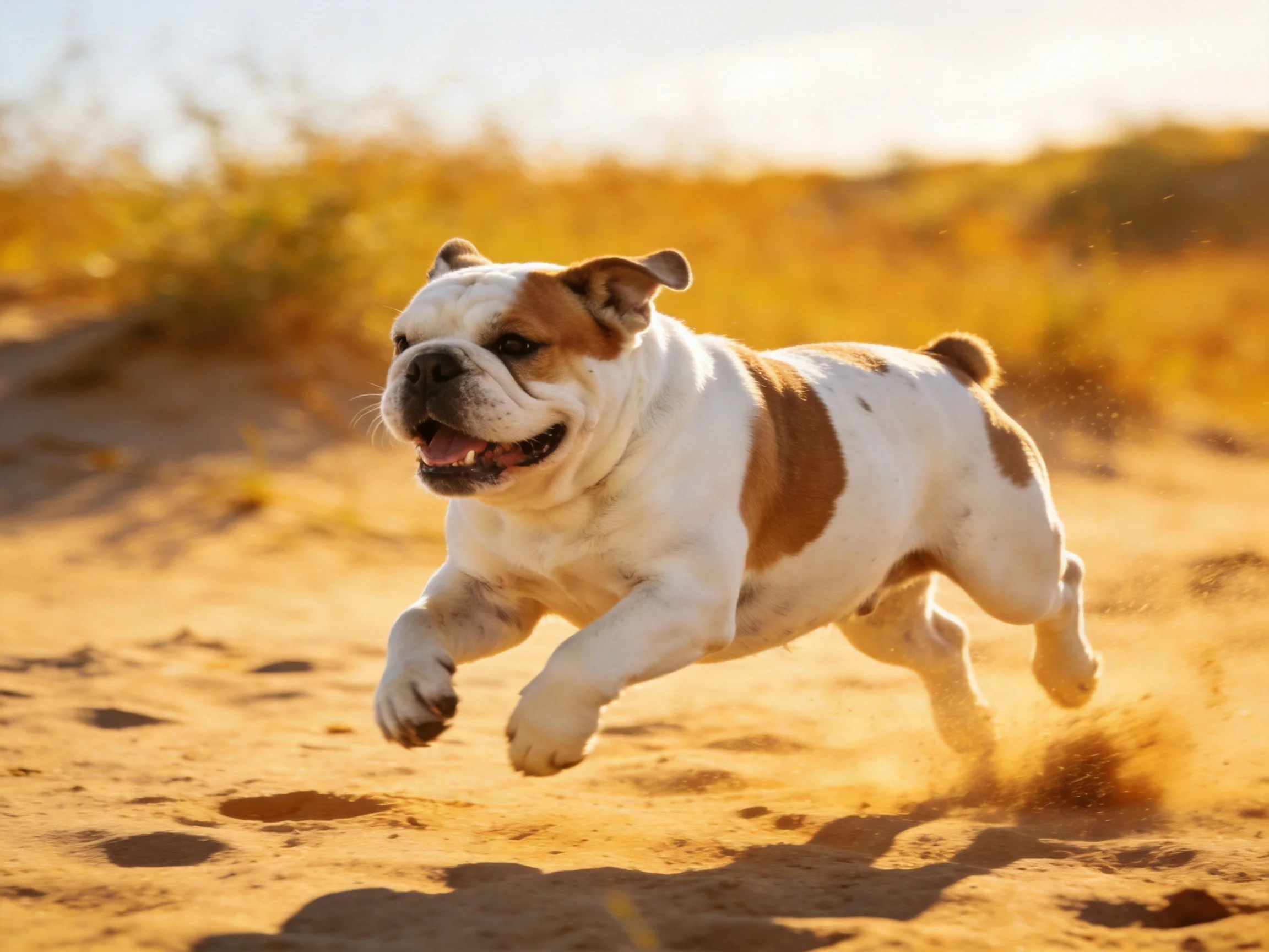 A brown-and-white bulldog running through golden sand dunes
