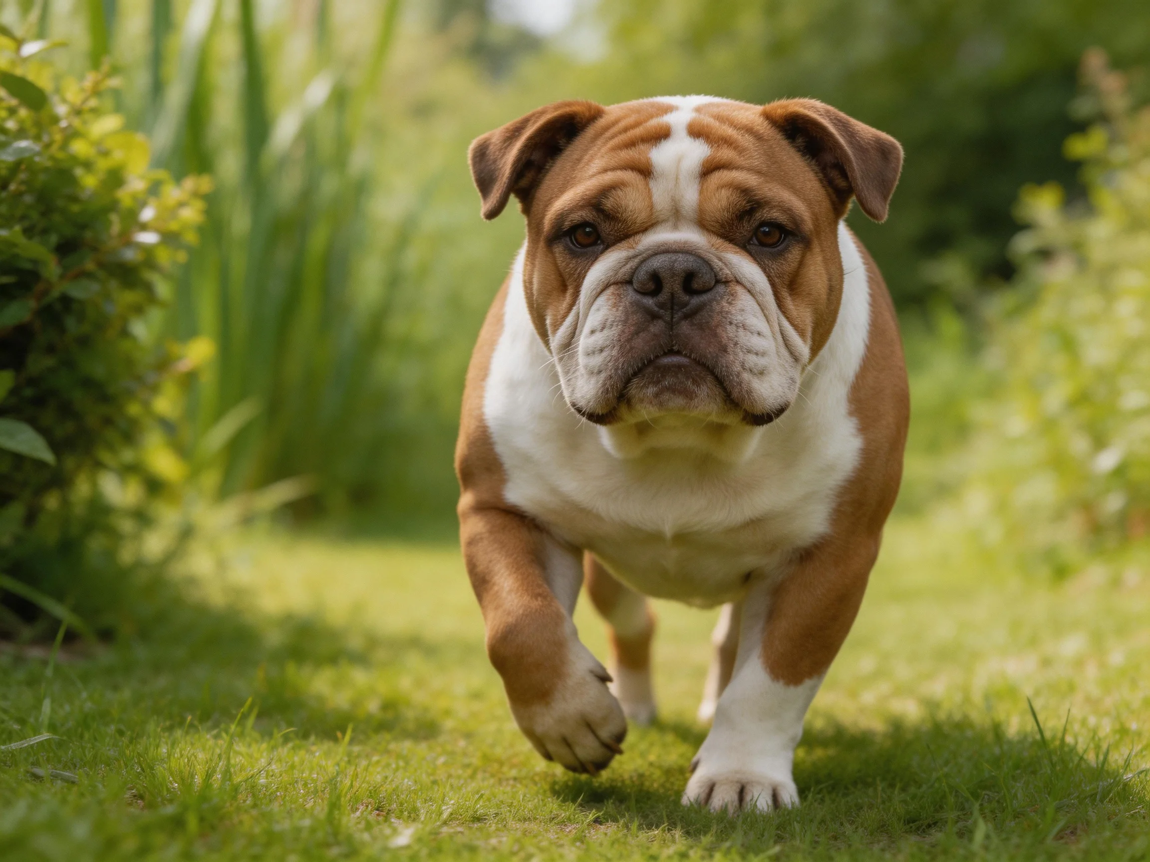 A brown and white bulldog runs along a sunlit green grassy path