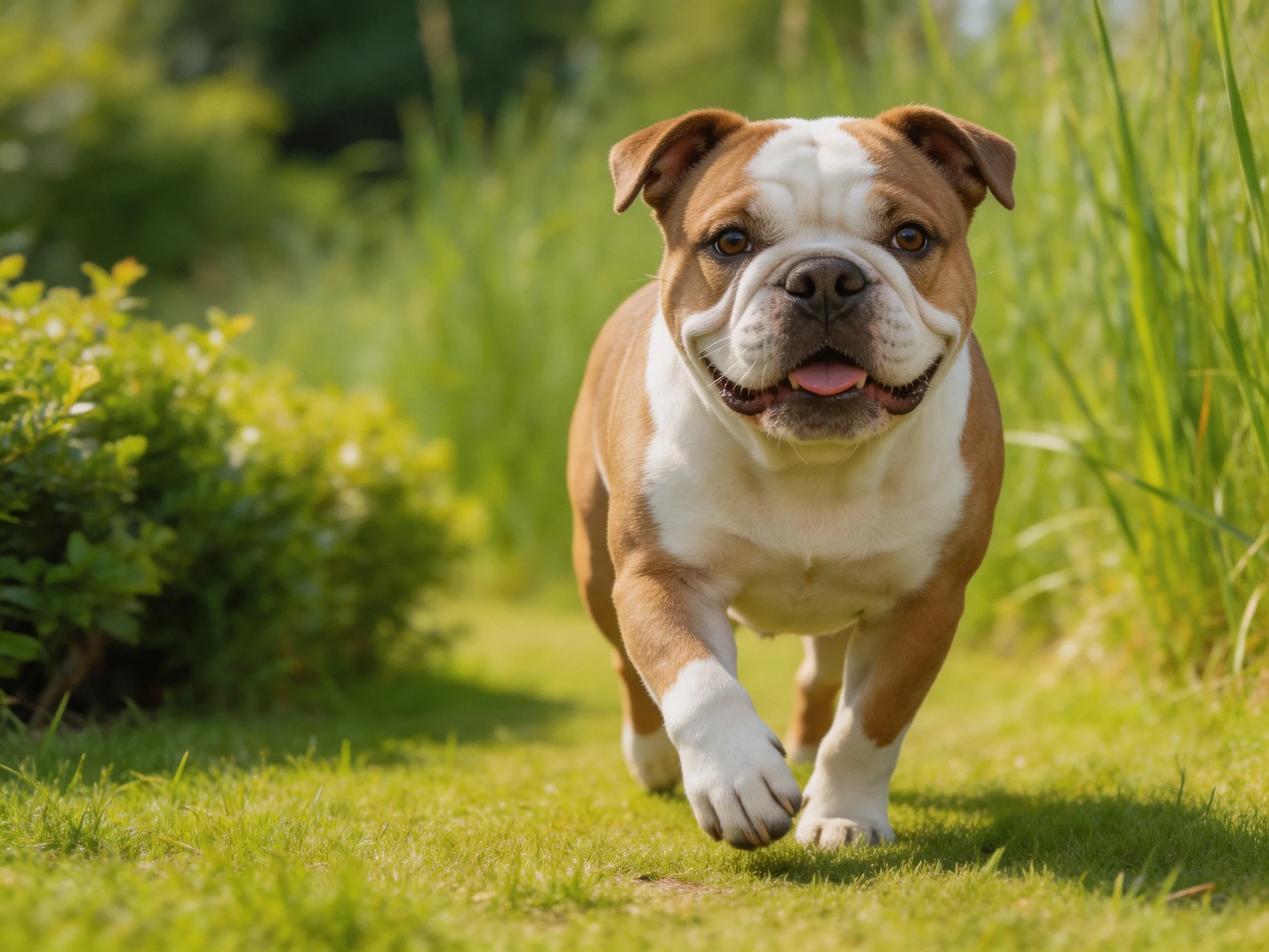 A brown and white bulldog joyfully runs along a grassy garden path.