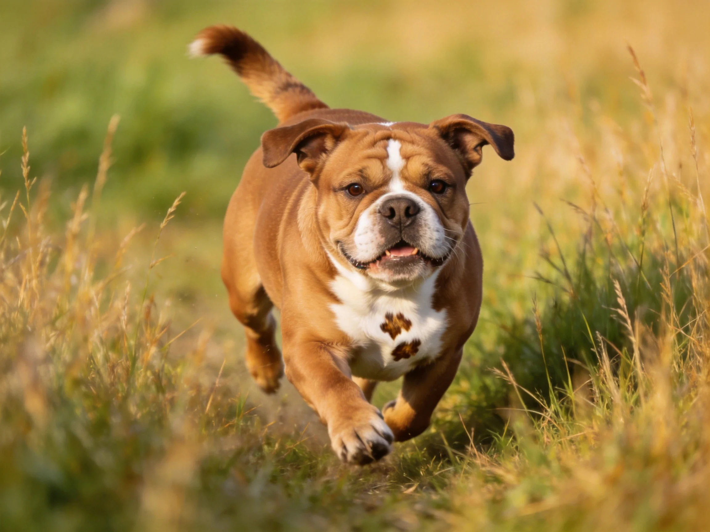 A brown and white bulldog runs energetically through tall grass.