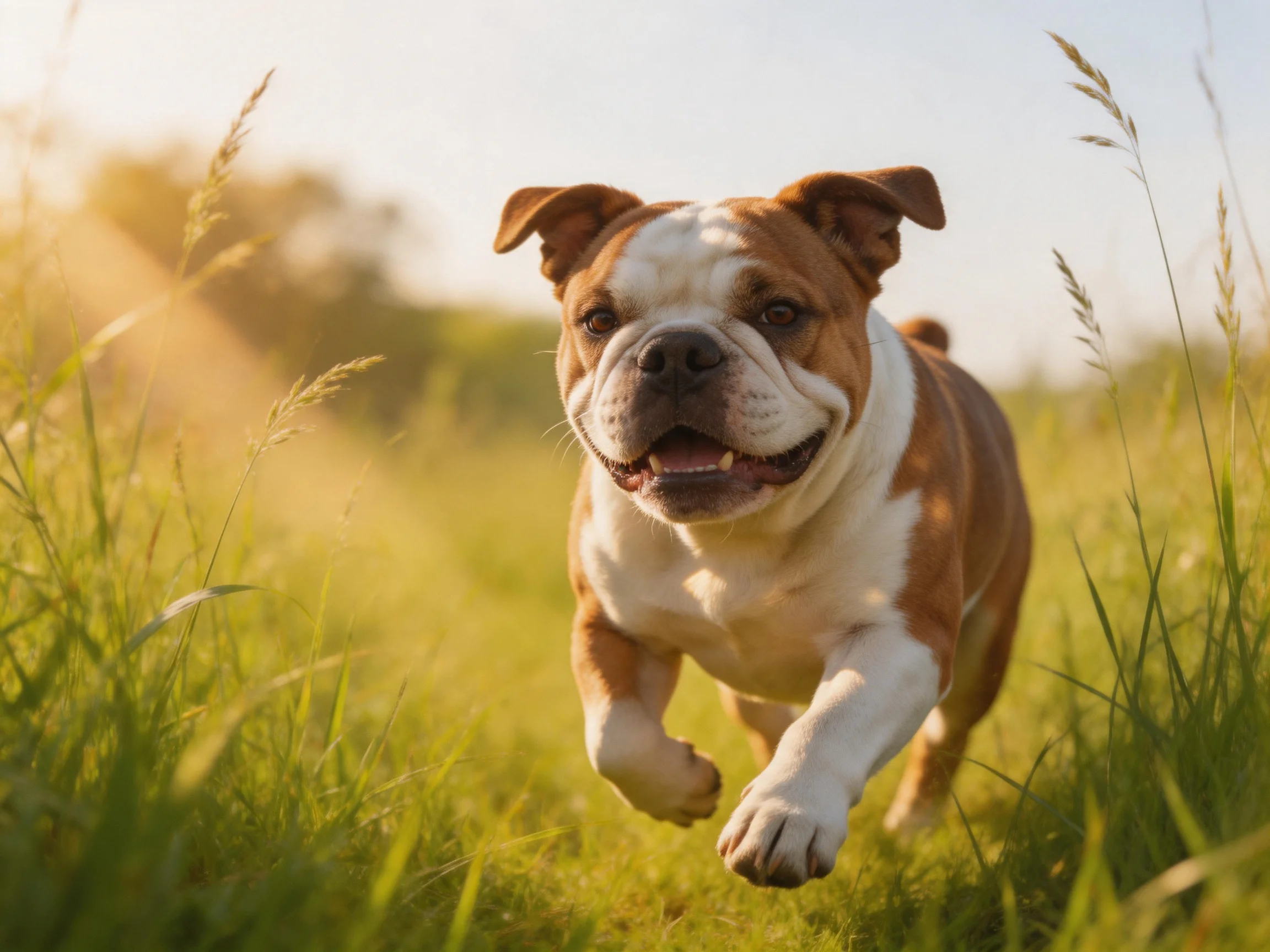 A brown and white bulldog runs through sunlit grassy fields