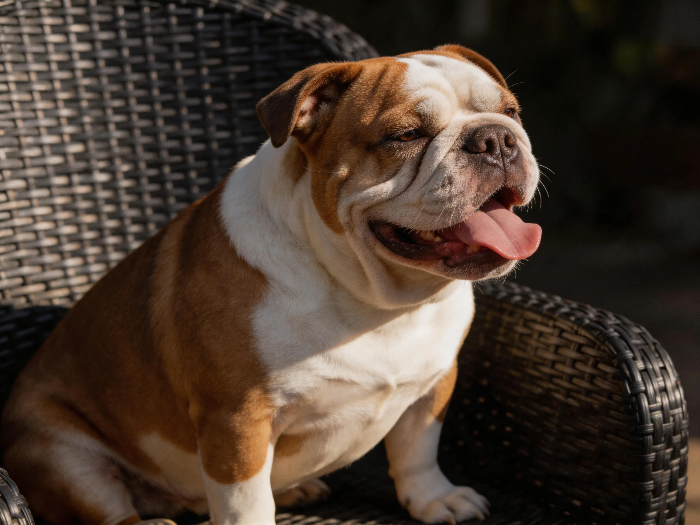 A brown and white bulldog sits on a dark wicker chair in bright sunlight