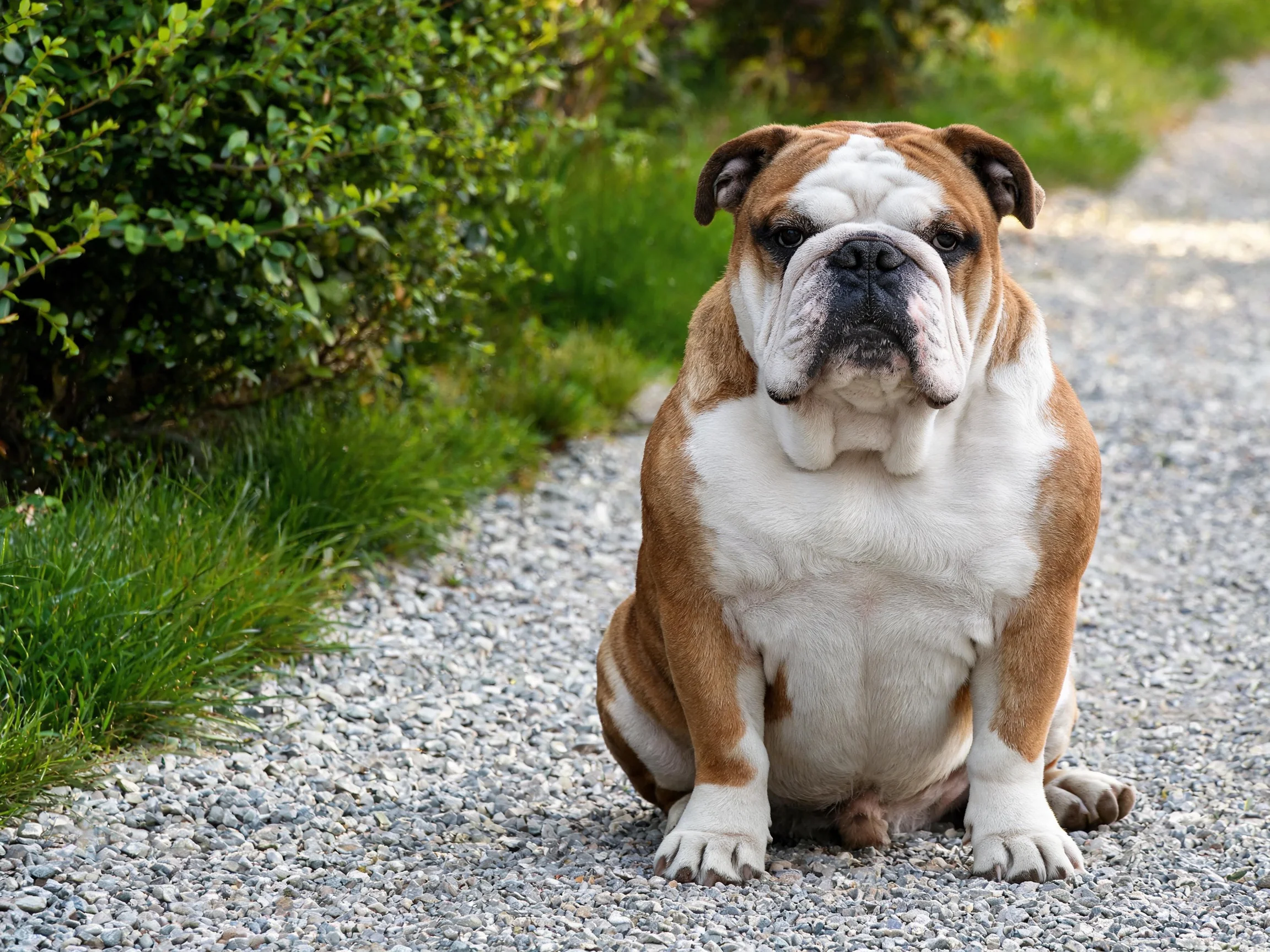 An English bulldog sits calmly on a gravel path surrounded by greenery.