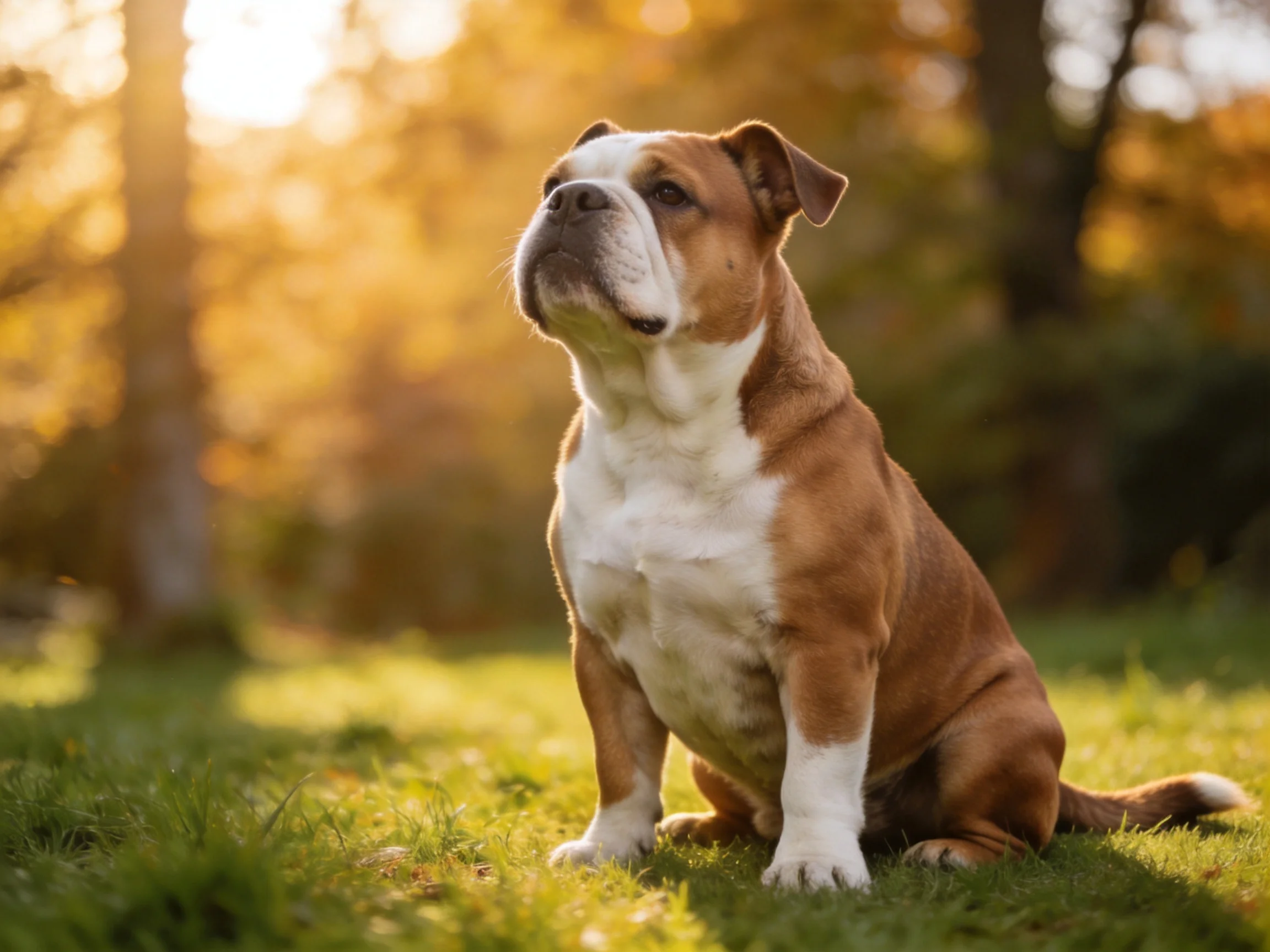 A brown and white bulldog sits calmly on grass in a sunlit outdoor area.