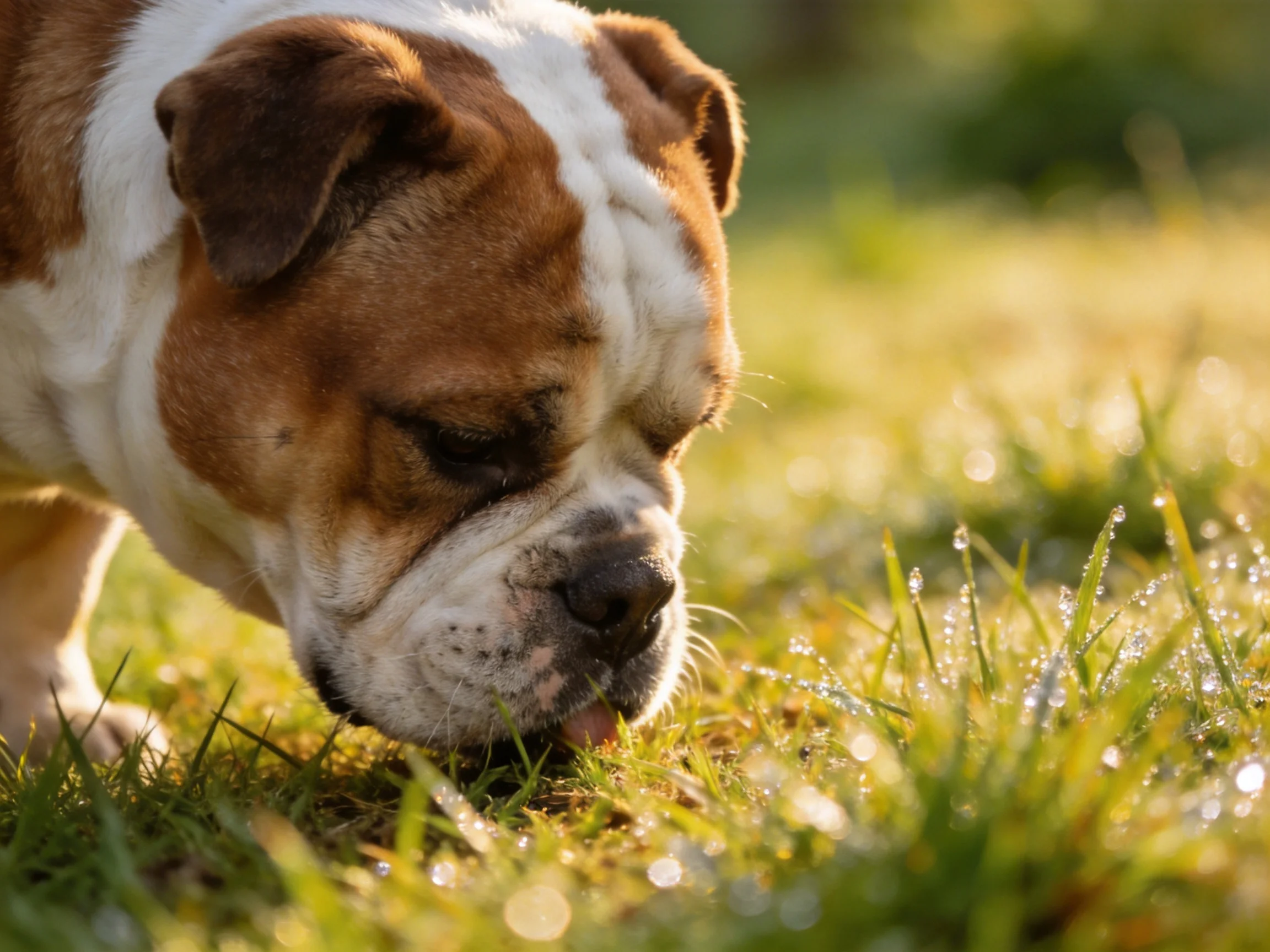 A brown and white bulldog sniffs dewy green grass in soft sunlight
