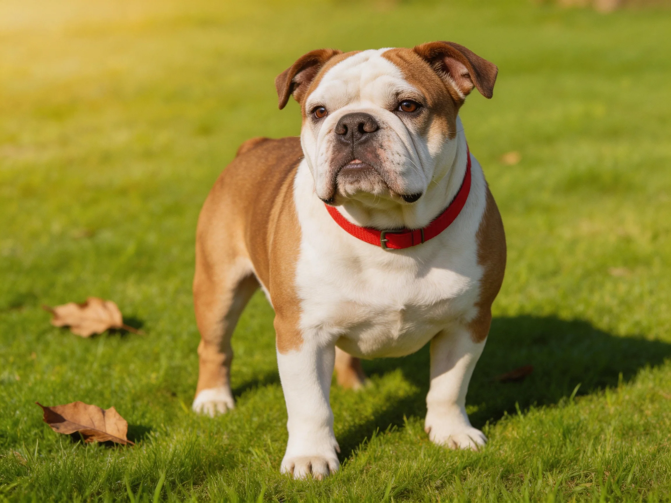 A bulldog with a red collar stands on a grassy lawn
