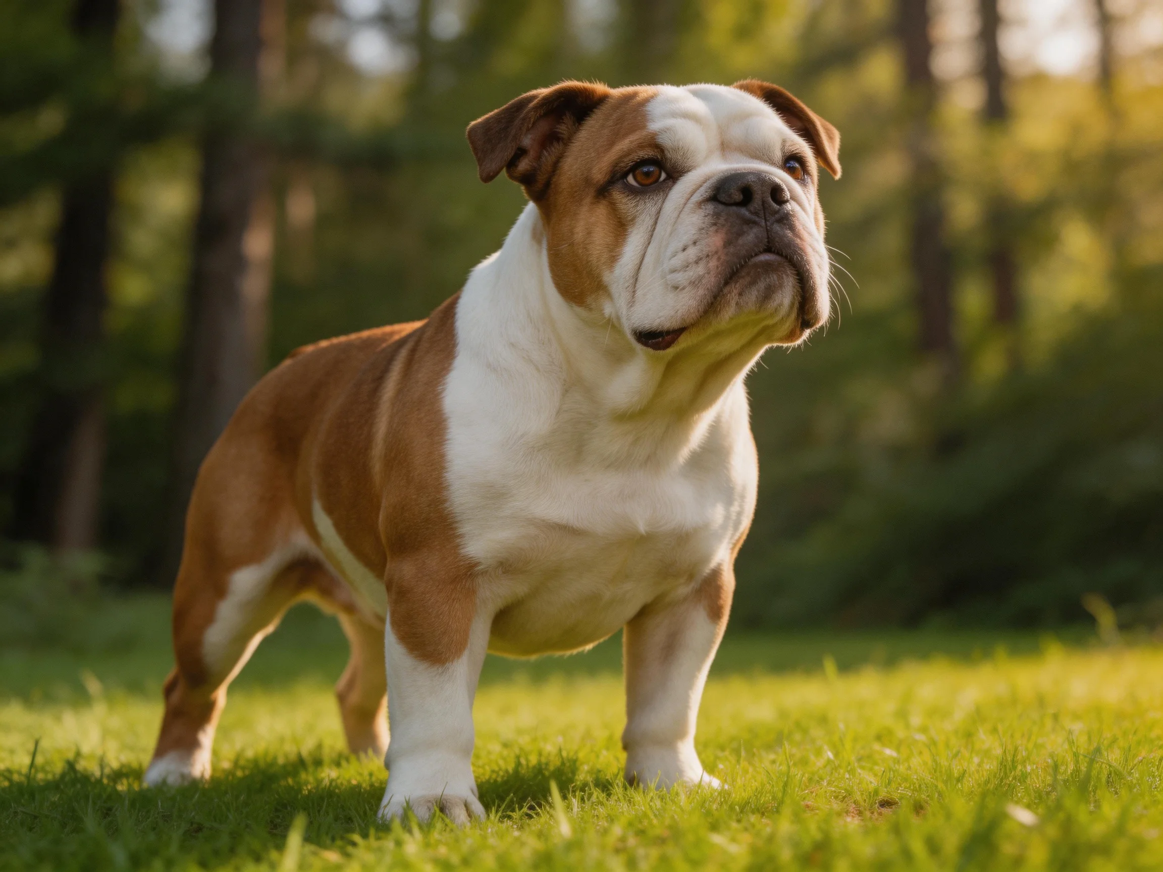 A brown and white bulldog stands on sunlit green grass near trees
