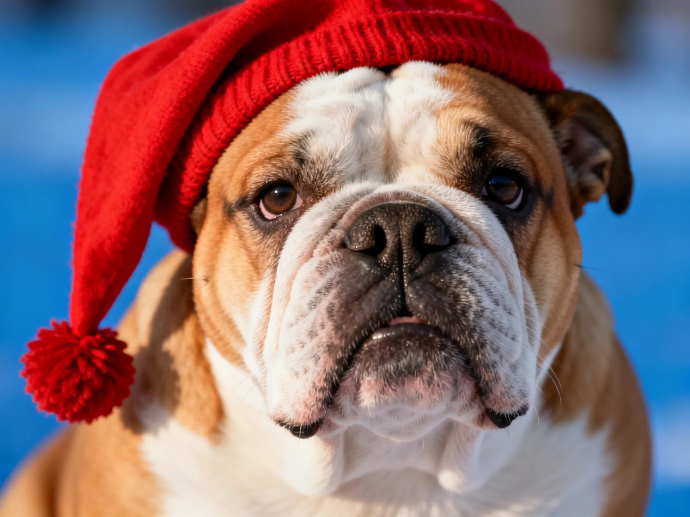 A brown and white bulldog wearing a bright red Santa hat