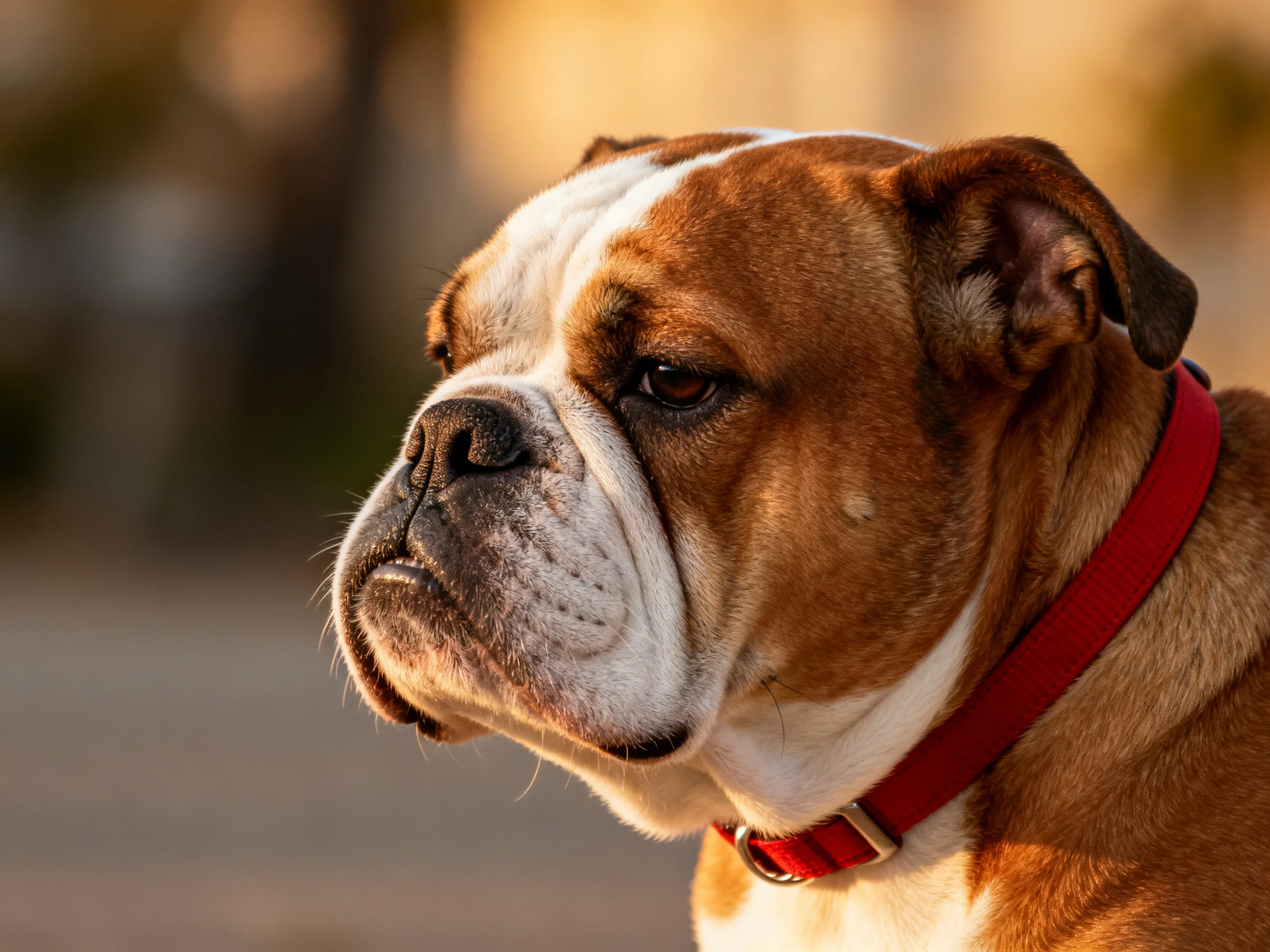 A brown and white bulldog with a red collar gazes thoughtfully.