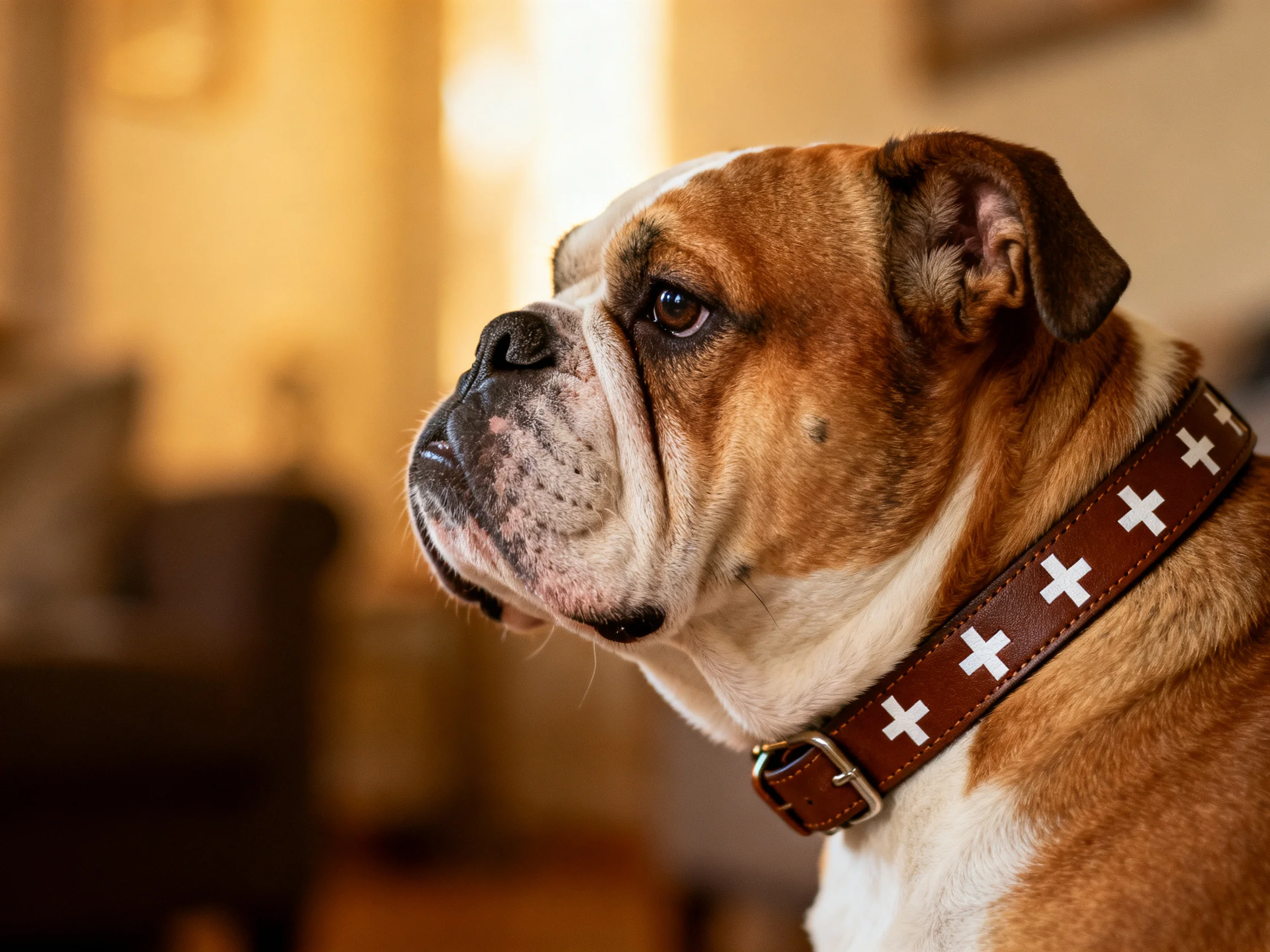 A brown and white bulldog gazes attentively indoors
