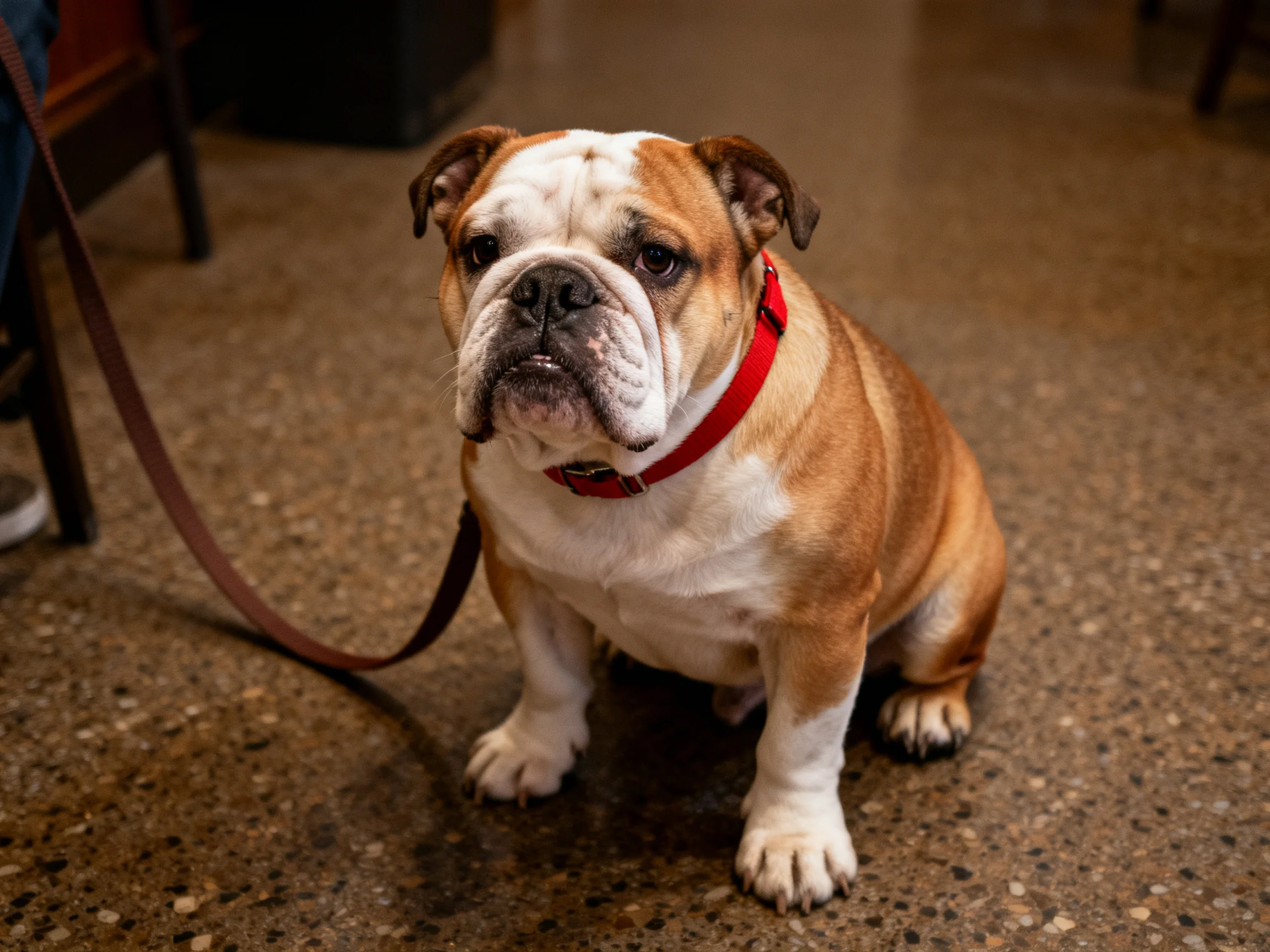 A brown and white bulldog with a red collar sits indoors