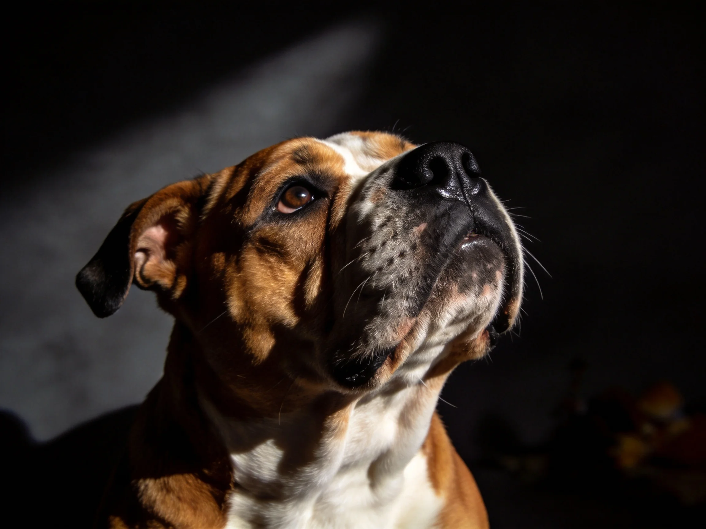A brown and white bulldog looks upward under stark lighting.