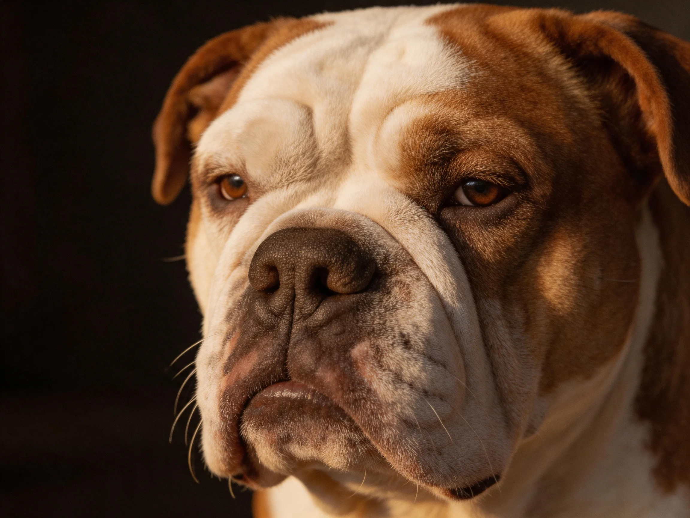 A close - up of a brown and white bulldog with a solemn expression.