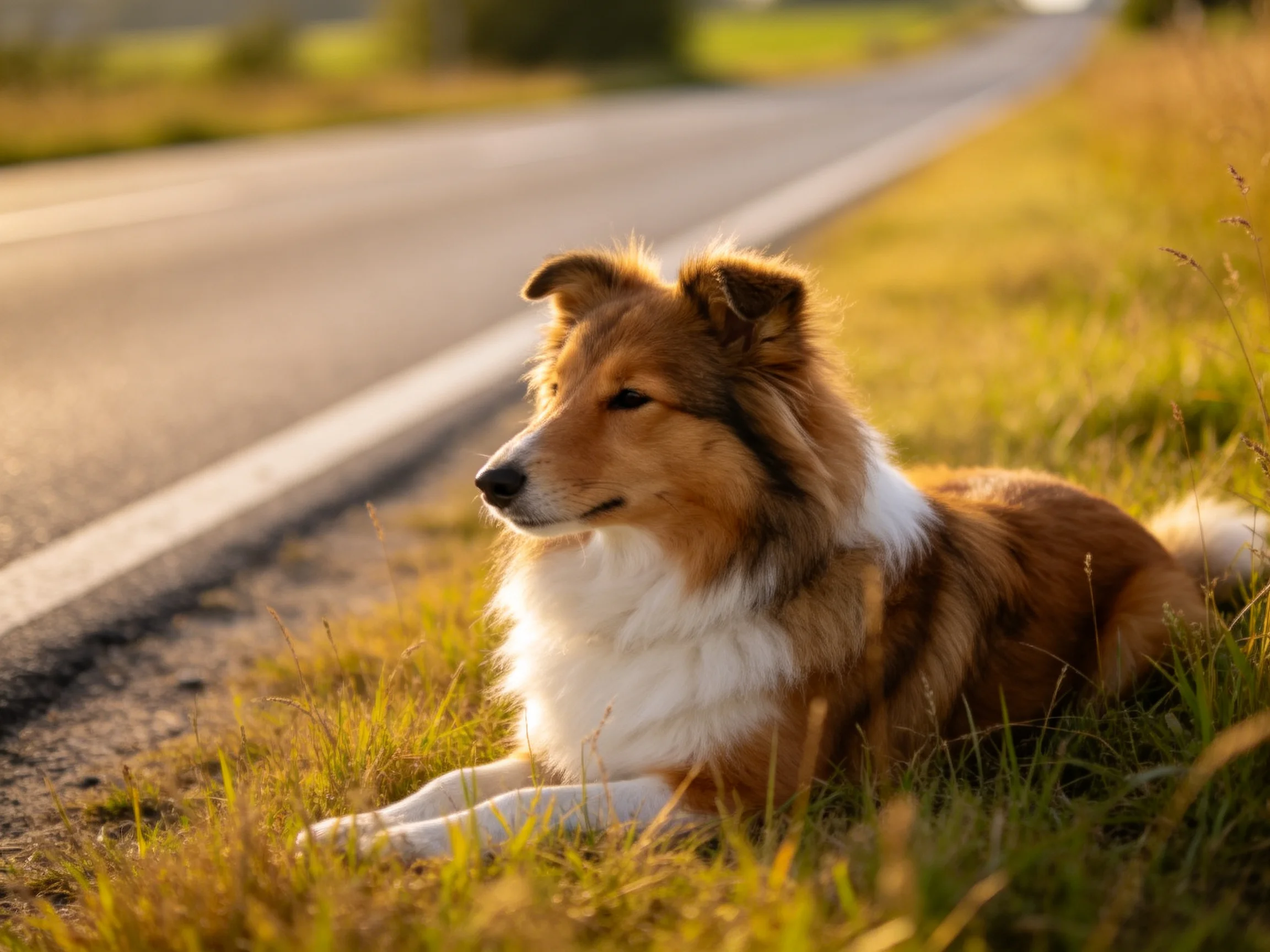 A brown and white collie lies beside a sunlit roadside with golden grass.
