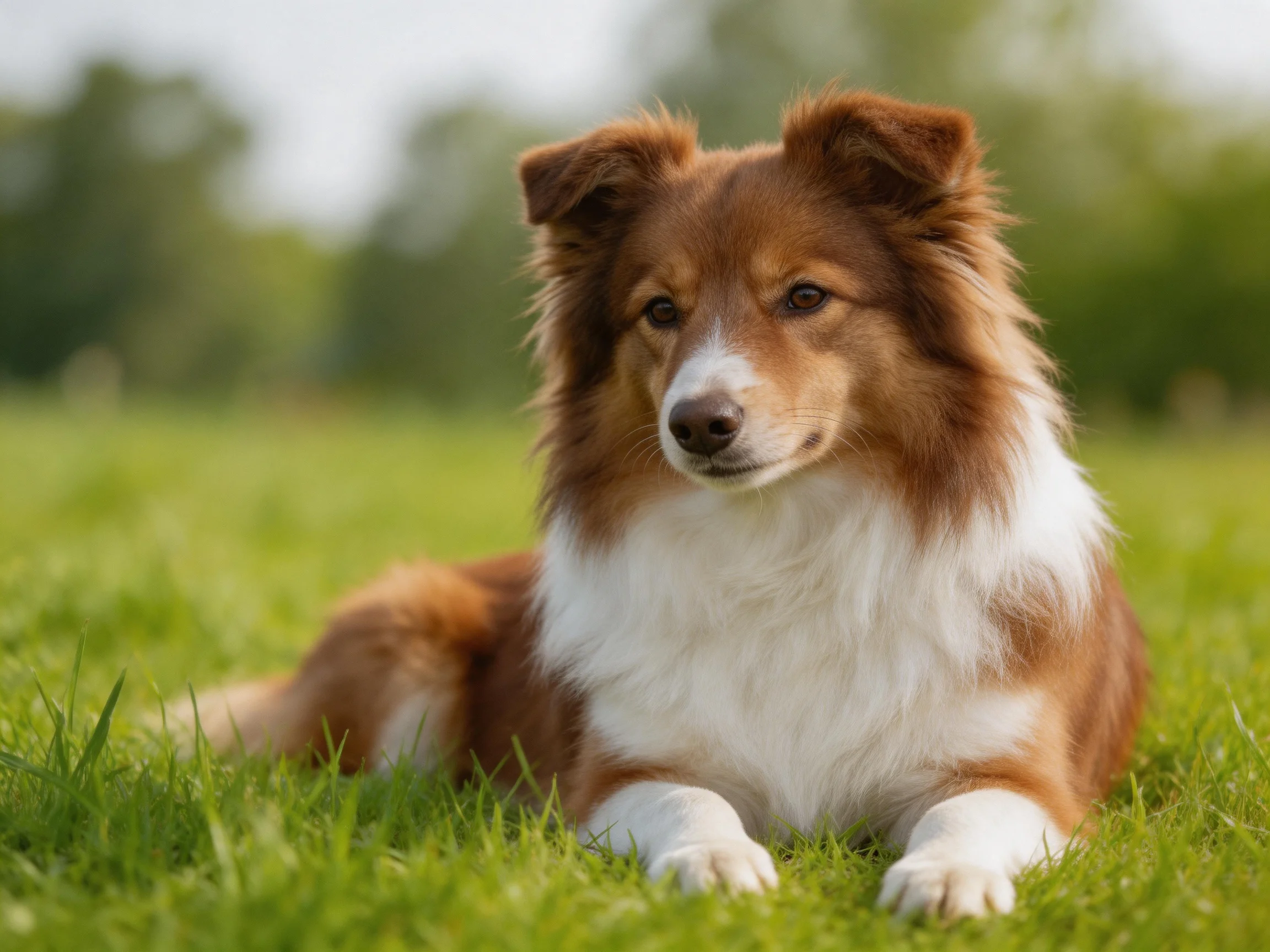 A brown and white collie rests calmly on green grass outdoors