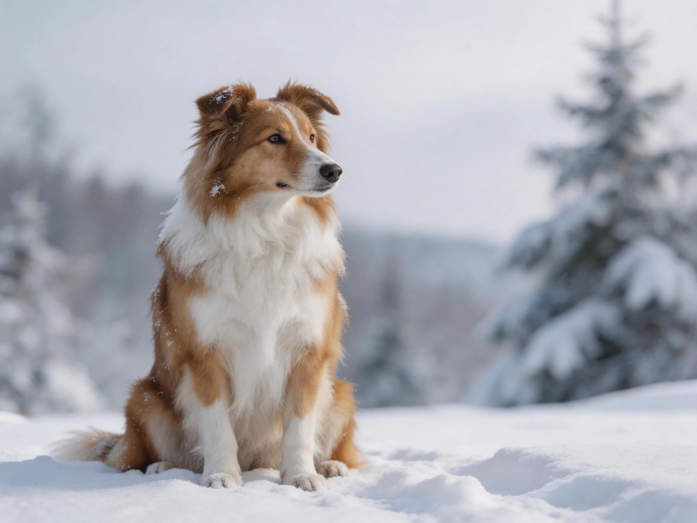 A brown and white collie sits calmly amid a snowy winter landscape.