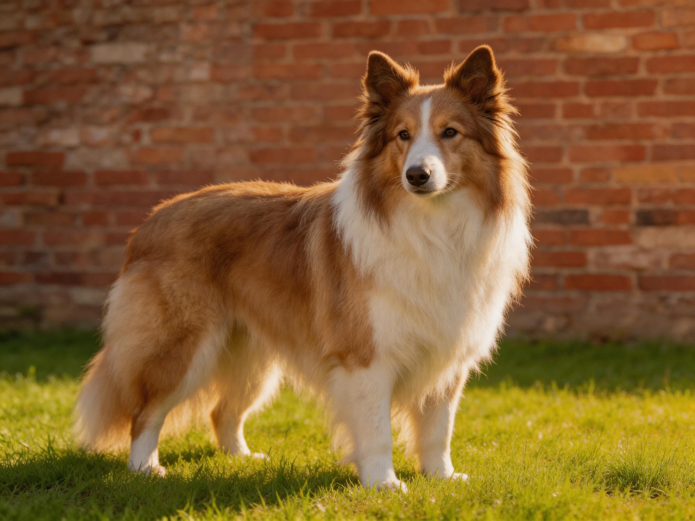A brown and white collie stands on green grass in front of a red brick wall.