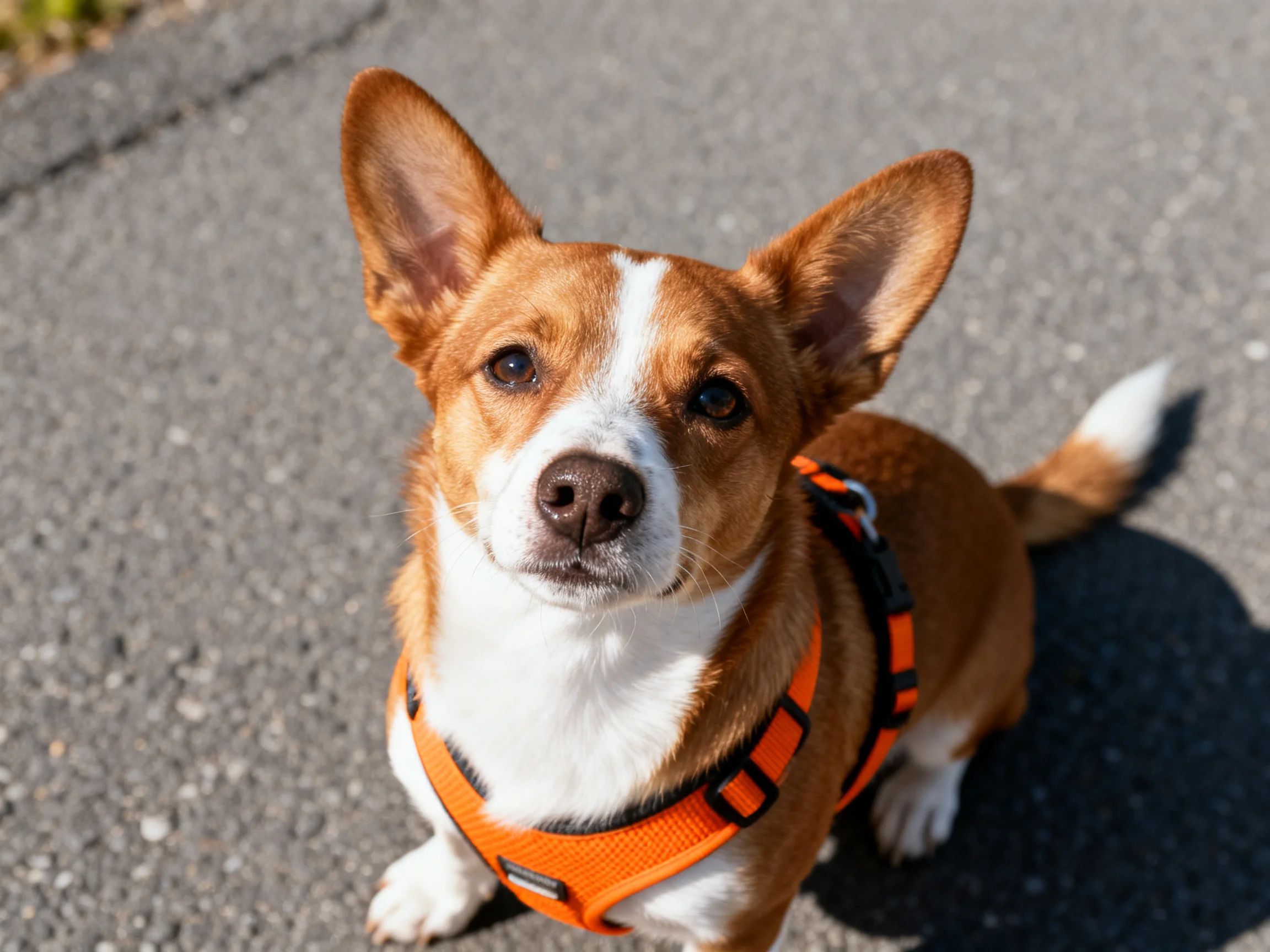 A small brown and white dog sits on pavement wearing an orange harness