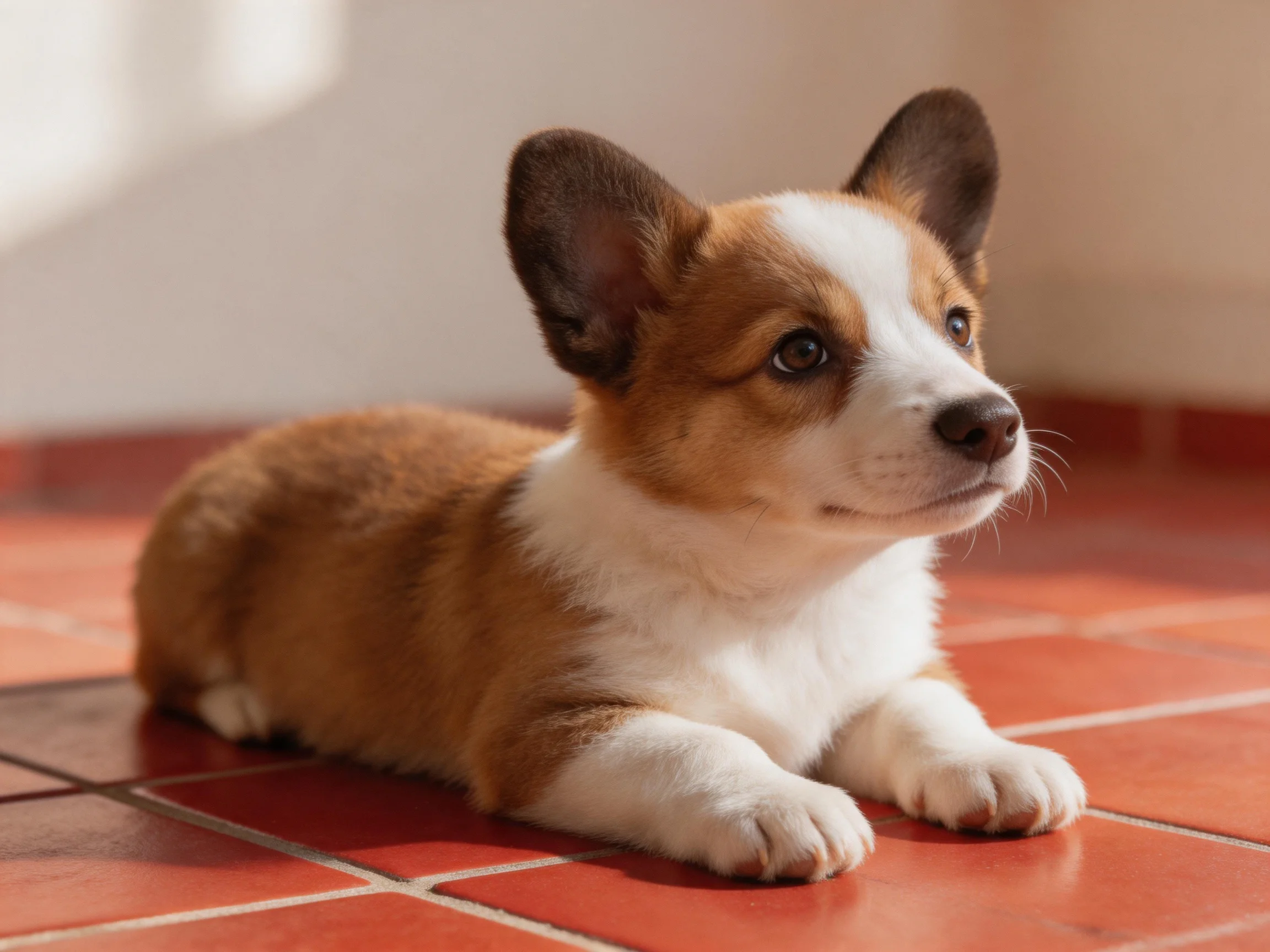 A brown and white corgi puppy lies calmly on terracotta tiles indoors