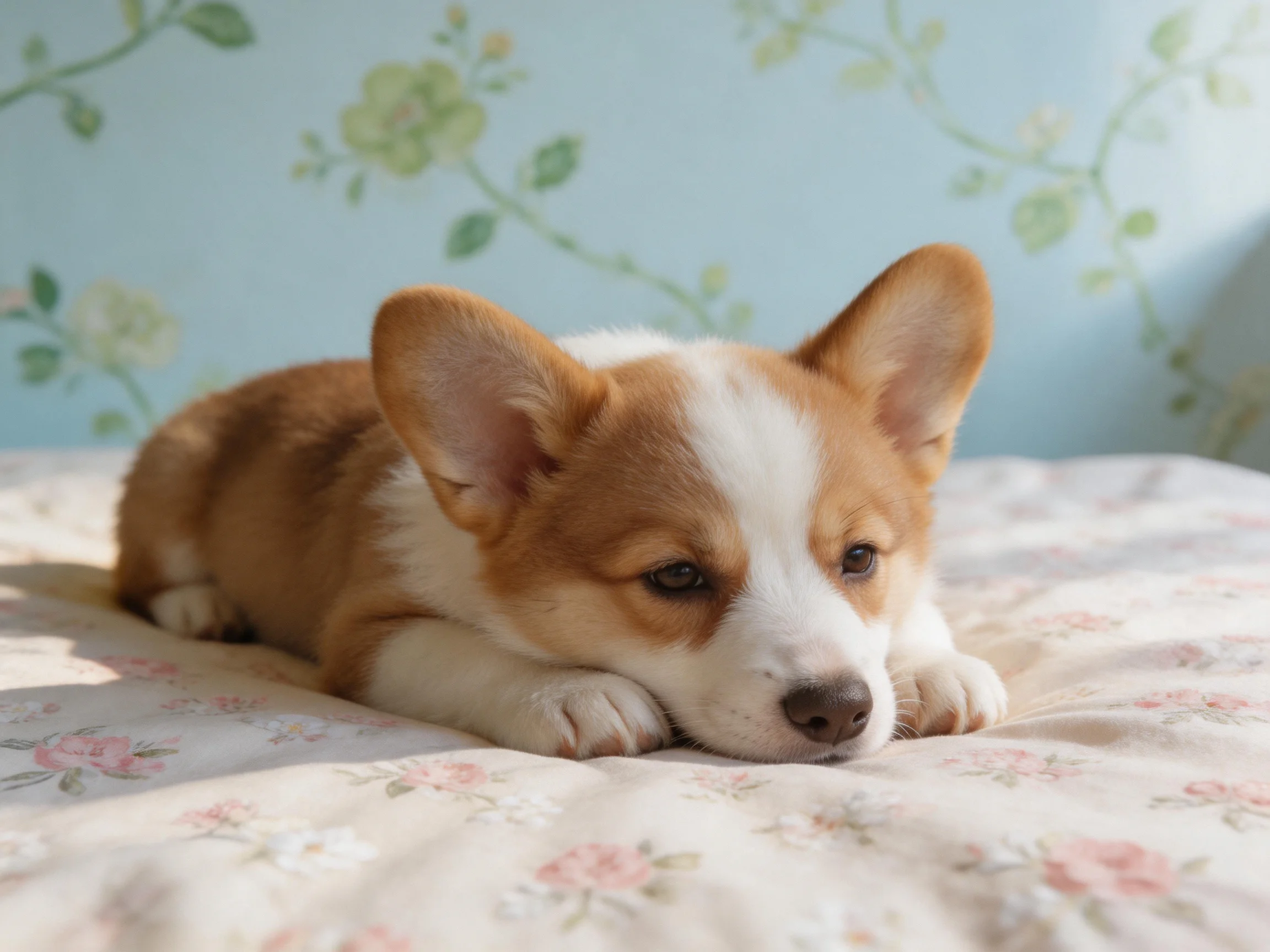 A corgi puppy lies on a floral bedspread in a softly lit room